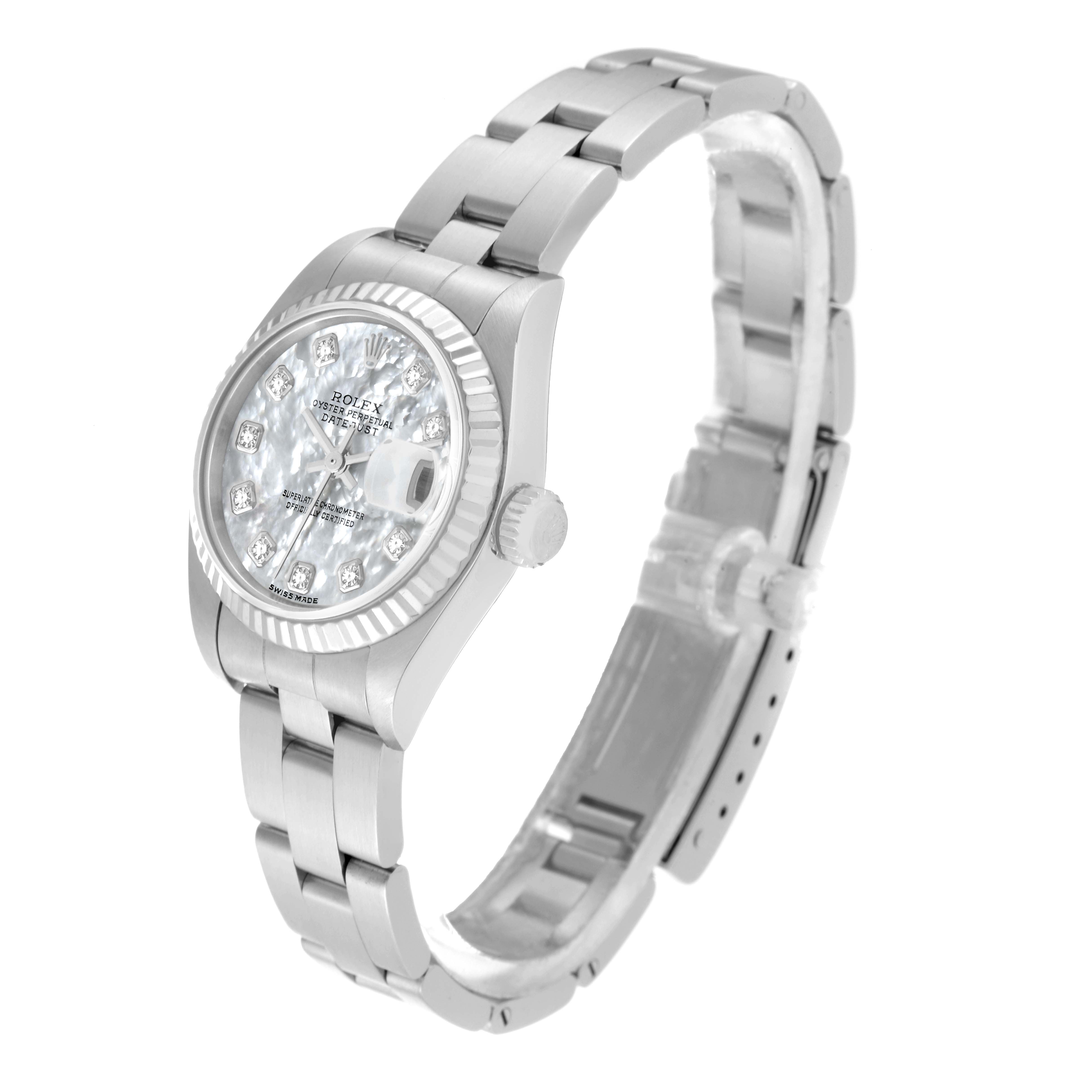 The Rolex Datejust 79174 Women's Stainless Steel Mother of Pearl Dial 79174 Women's Stainless Steel Mother of Pearl Dial watch is shown at an angled side view, displaying the face, bezel, crown, and metal bracelet.