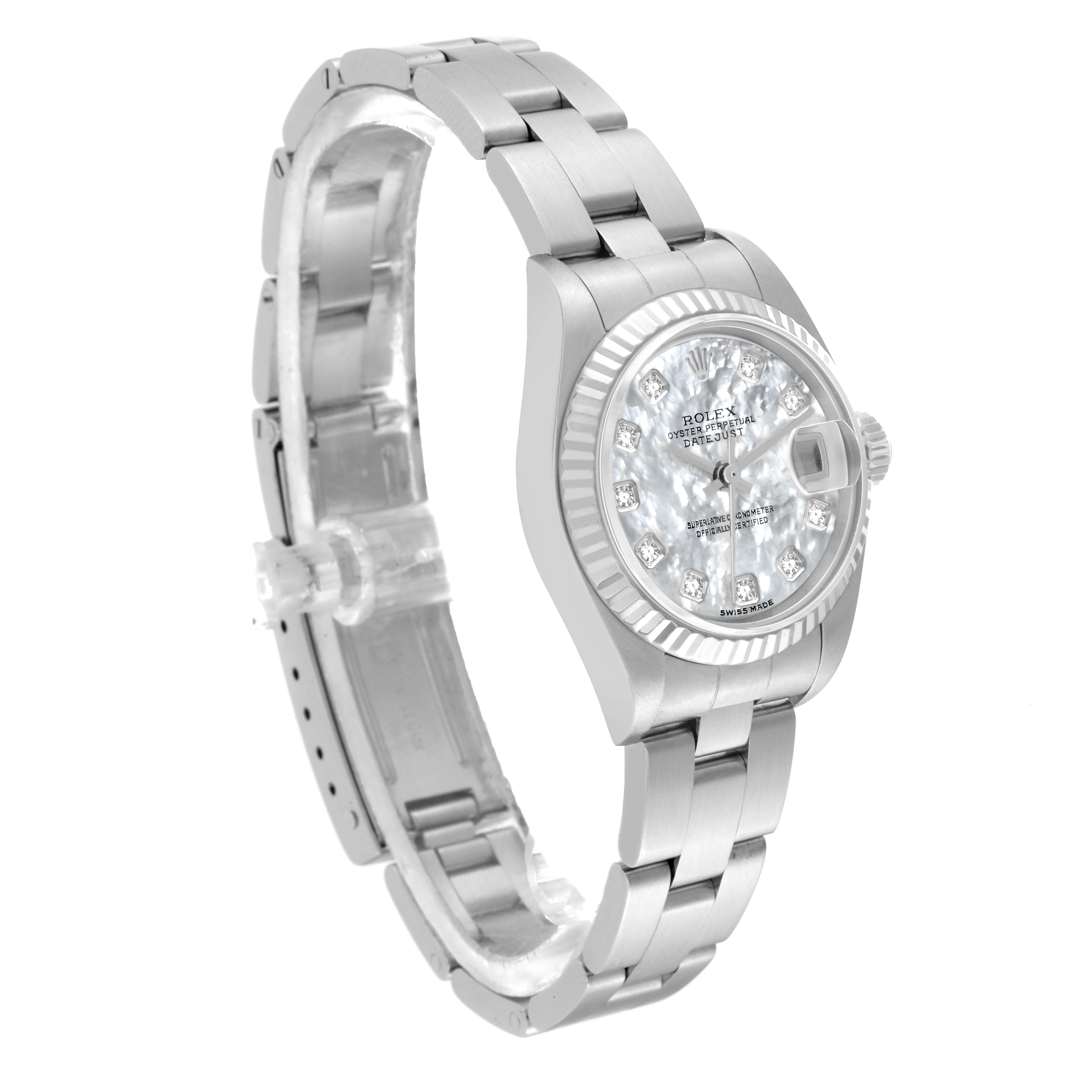 This Rolex Datejust 79174 Women's Stainless Steel Mother of Pearl Dial 79174 Women's Stainless Steel Mother of Pearl Dial watch is shown at an angled side view displaying its bracelet and diamond-studded dial.