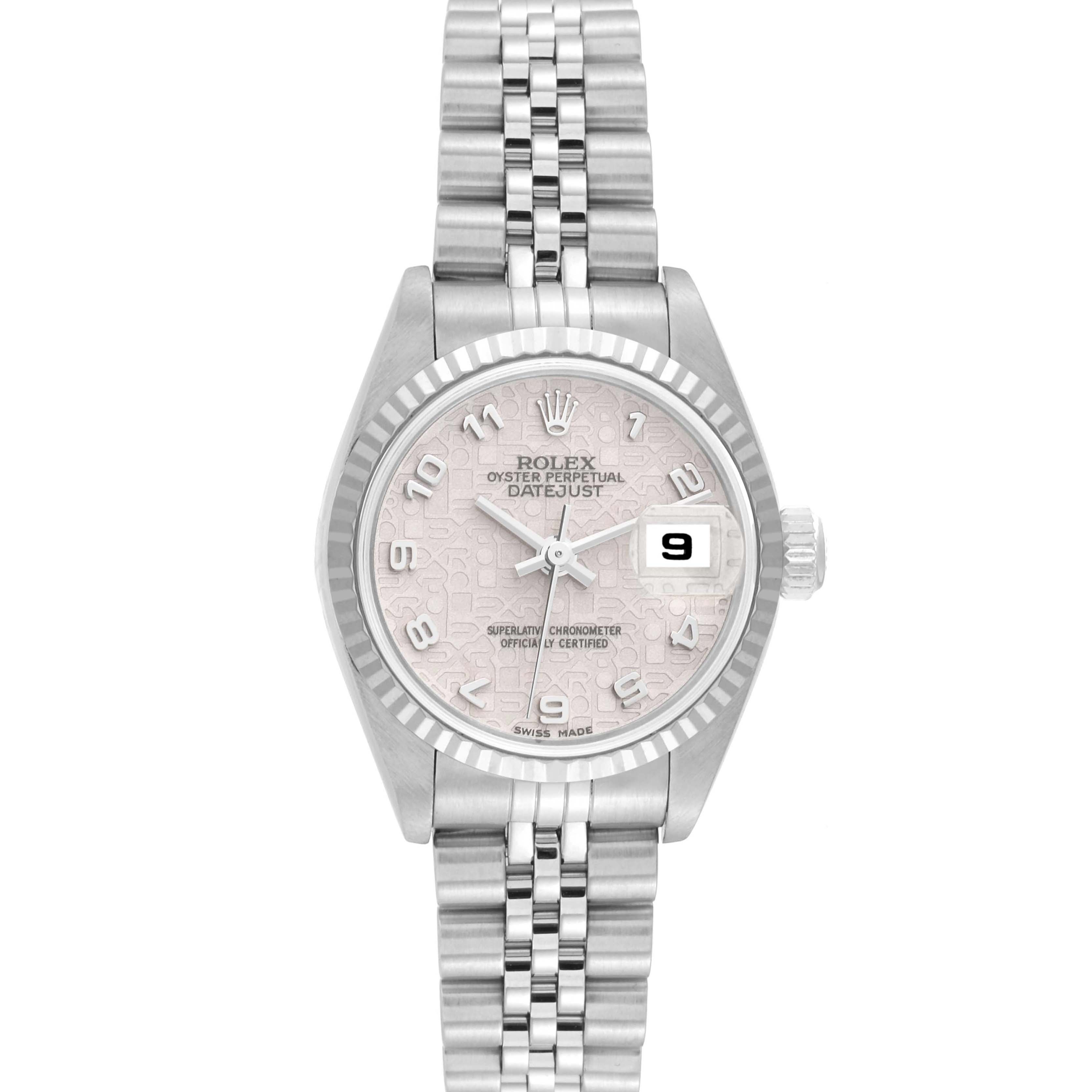 The Rolex Datejust 79174 Women's Stainless Steel Silver Dial 79174 Women's Stainless Steel Silver Dial watch is shown from a front angle, displaying the dial, bezel, and Jubilee bracelet.