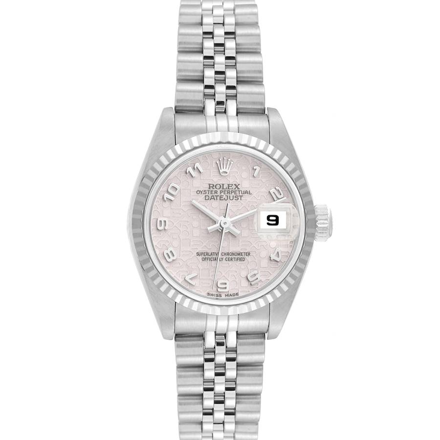 The Rolex Datejust watch is shown from a front angle, displaying the dial, bezel, and Jubilee bracelet.