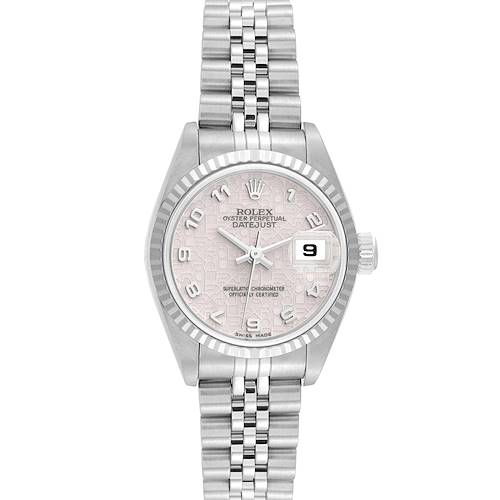 The Rolex Datejust watch is shown from a front view, displaying the dial, bezel, case, bracelet, and crown.