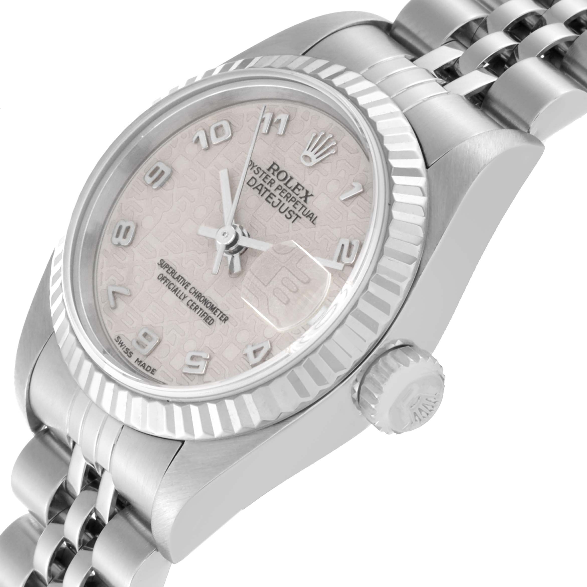 The image shows the face, bezel, side case, crown, and part of the bracelet of a Rolex Datejust 79174 Women's Stainless Steel Silver Dial 79174 Women's Stainless Steel Silver Dial watch at an angled view.