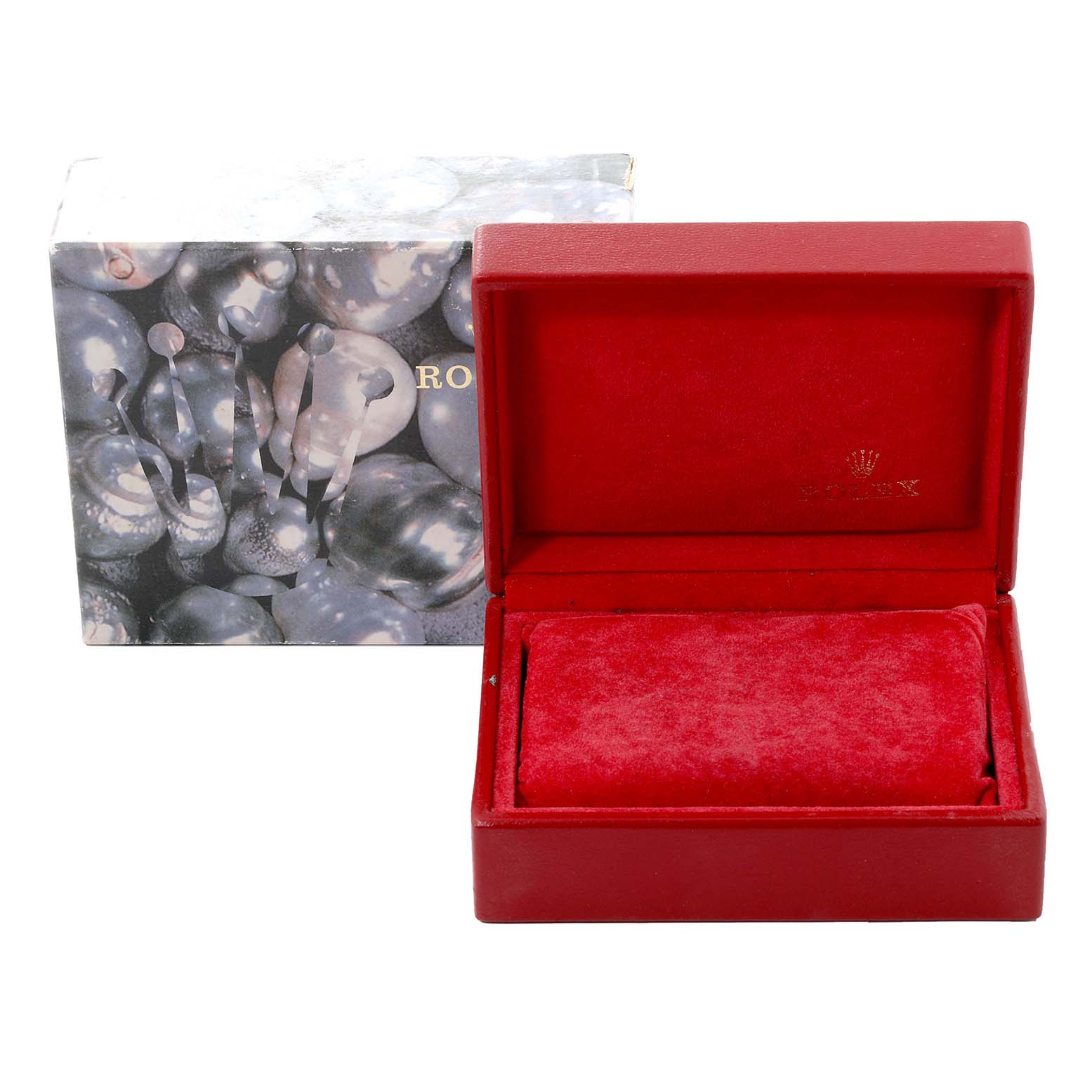 The image shows an open luxury red box and a cardboard case for a Rolex Datejust 79174 Women's Stainless Steel Silver Dial 79174 Women's Stainless Steel Silver Dial watch.