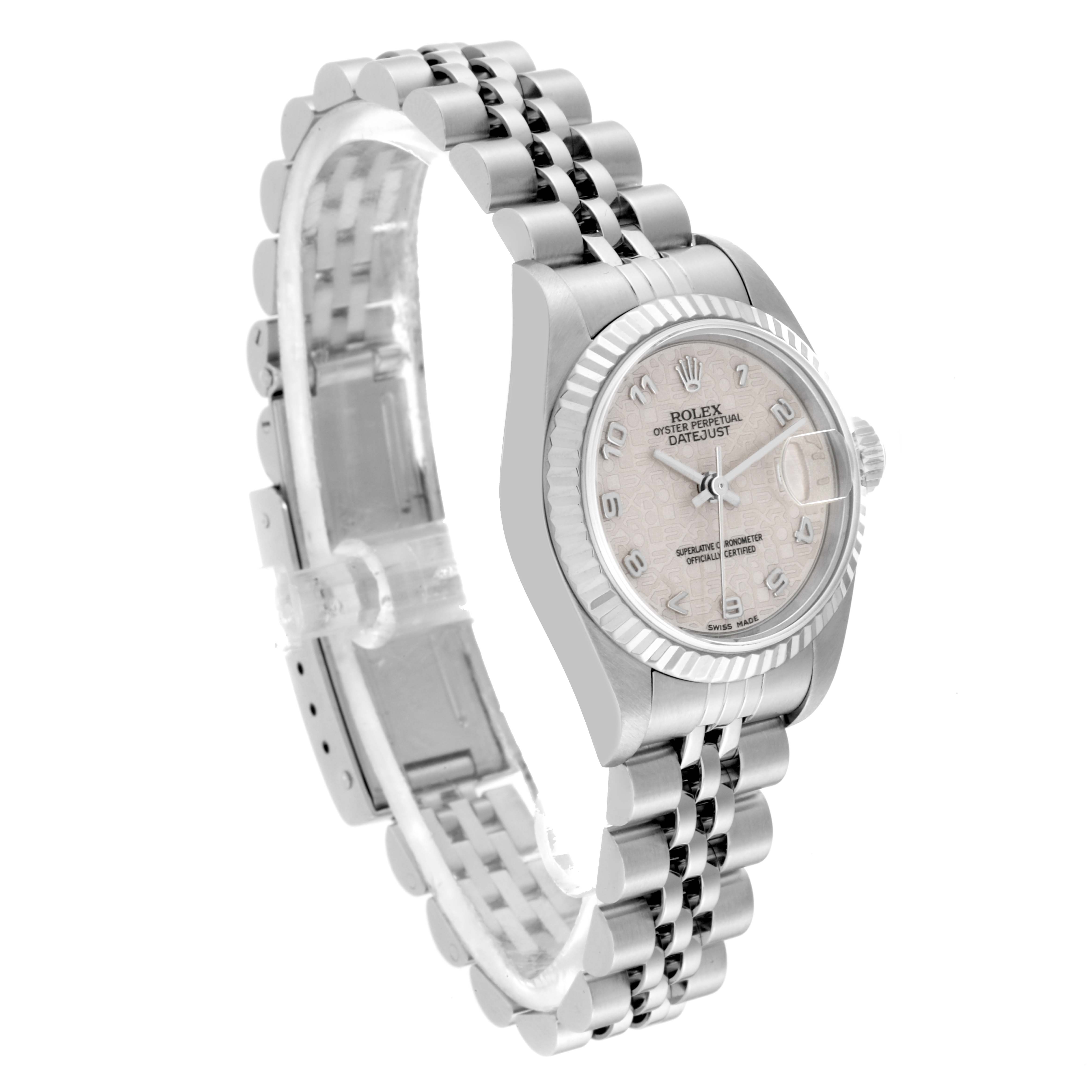 This image shows a side angle of a Rolex Datejust 79174 Women's Stainless Steel Silver Dial 79174 Women's Stainless Steel Silver Dial watch, highlighting the face, bezel, and bracelet.
