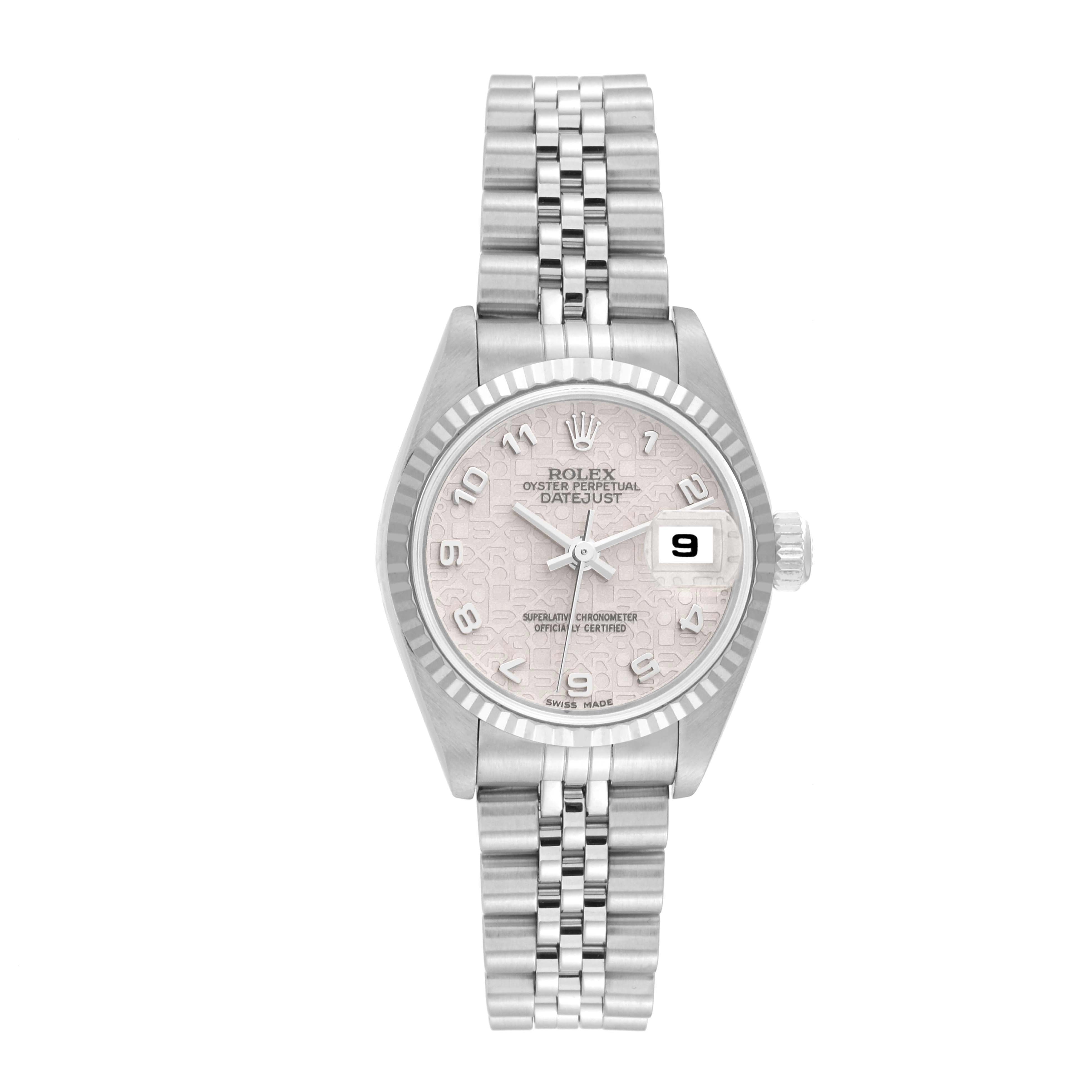 The Rolex Datejust 79174 Women's Stainless Steel Silver Dial 79174 Women's Stainless Steel Silver Dial watch is shown from the front, displaying the dial, bezel, crown, and bracelet.