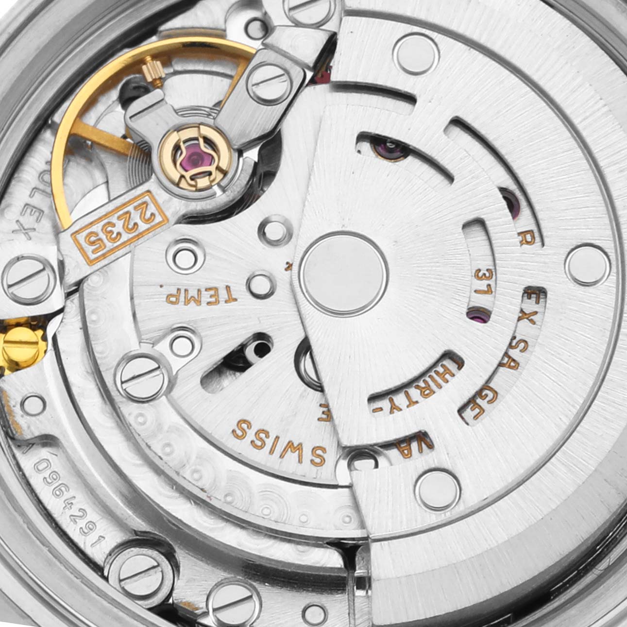 Close-up shot of the Rolex Datejust 79174 Women's Stainless Steel Silver Dial 79174 Women's Stainless Steel Silver Dial movement showcasing its intricate mechanical parts and rotor.