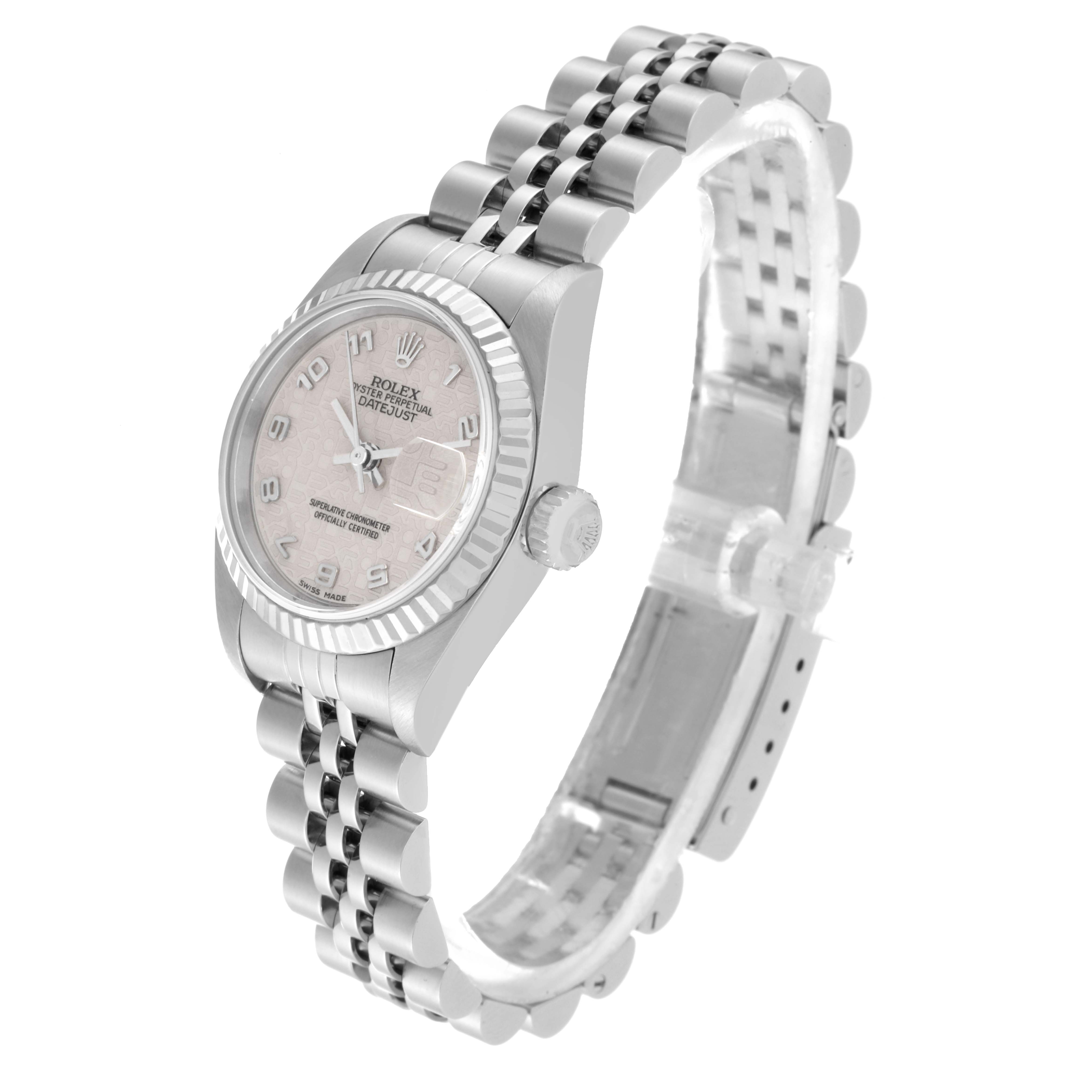 This image shows a Rolex Datejust 79174 Women's Stainless Steel Silver Dial 79174 Women's Stainless Steel Silver Dial watch angled slightly to the left, displaying the dial, bracelet, and crown.