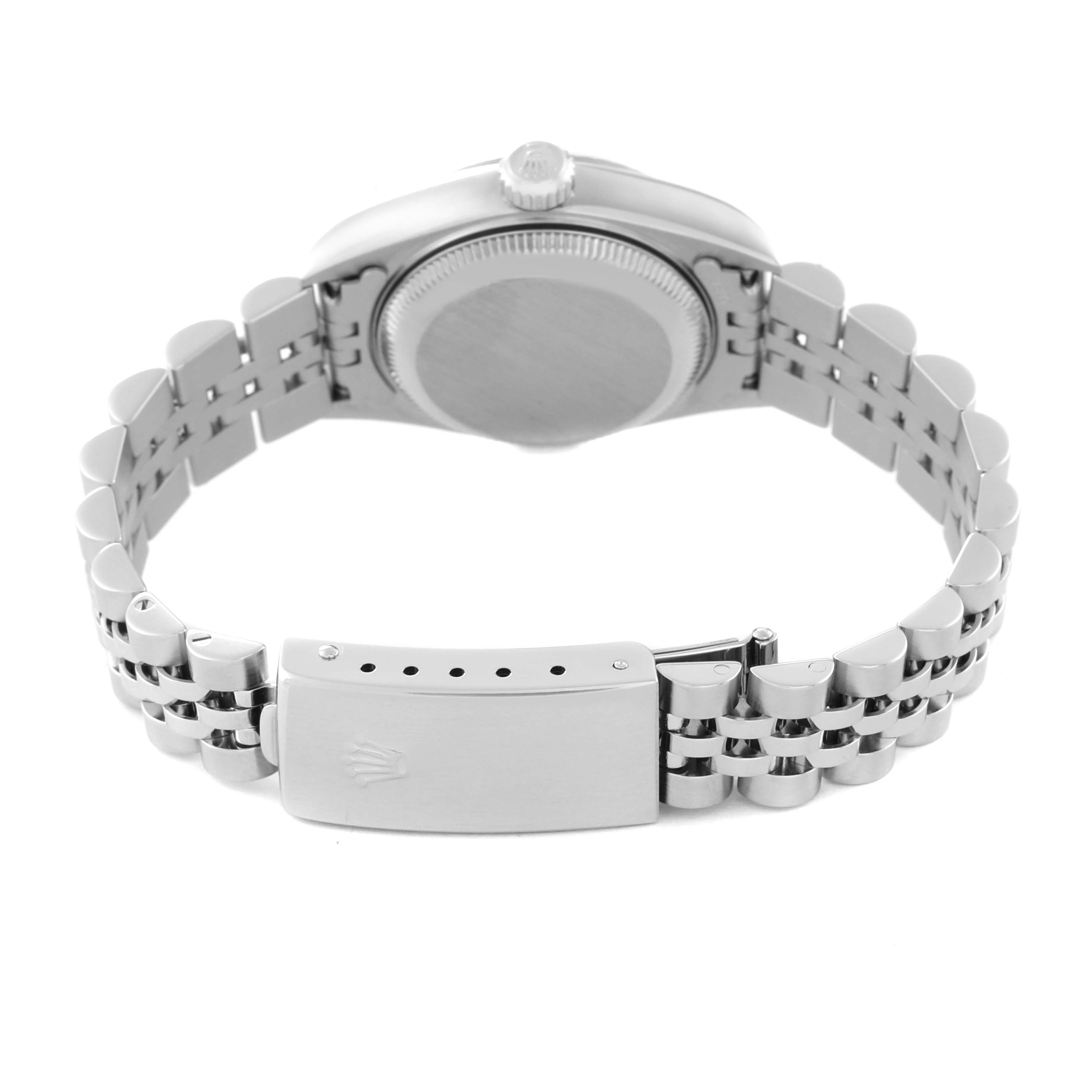 The image shows the back view of the Rolex Datejust 79174 Women's Stainless Steel Silver Dial 79174 Women's Stainless Steel Silver Dial watch, highlighting its bracelet and clasp.