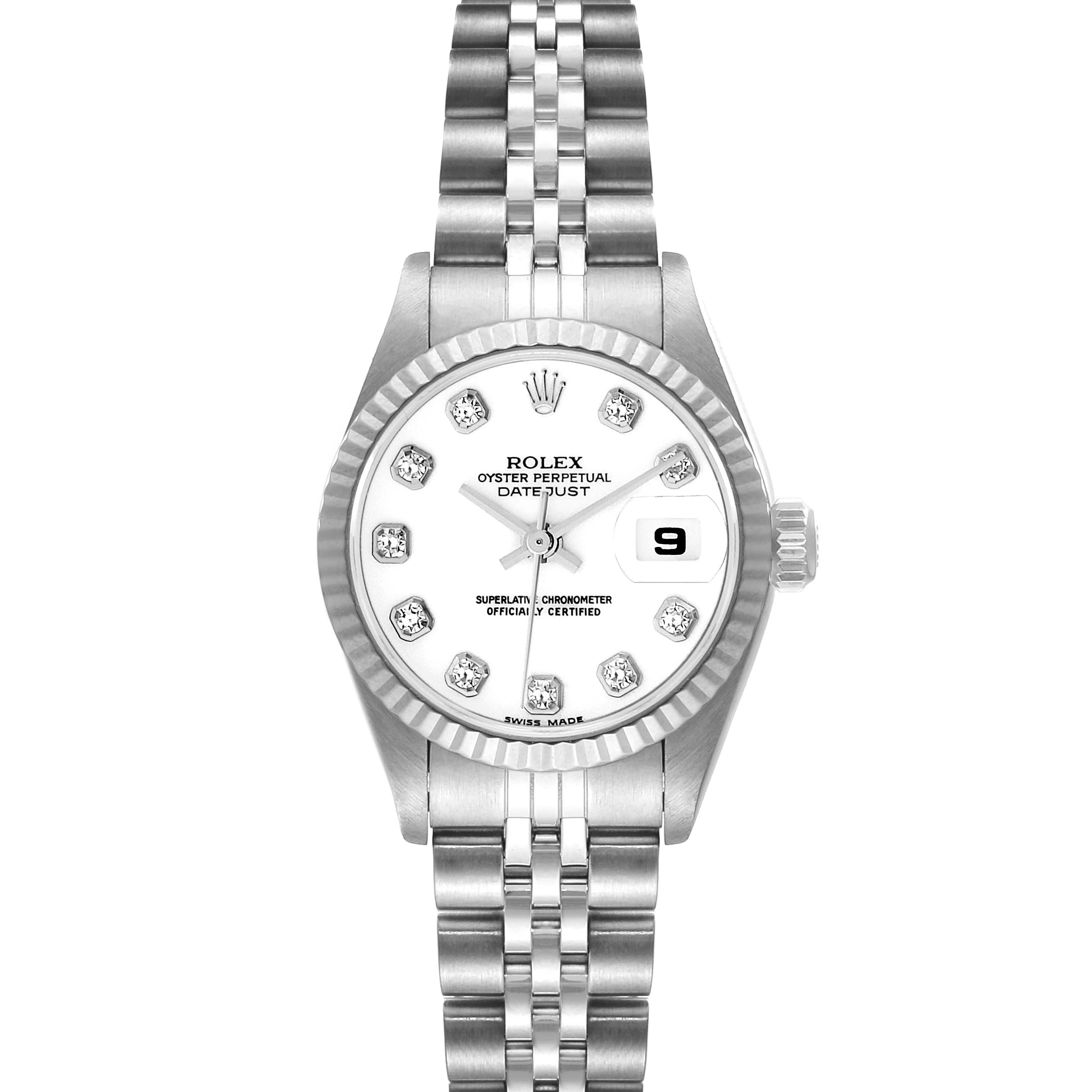 The image shows a frontal view of a Rolex Datejust 79174 Women's Stainless Steel White Dial 79174 Women's Stainless Steel White Dial watch, displaying the dial, bezel, and bracelet.