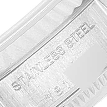 This close-up image shows the "Stainless Steel" engraving on the band of a Rolex Datejust 79174 Women's Stainless Steel White Dial 79174 Women's Stainless Steel White Dial watch.