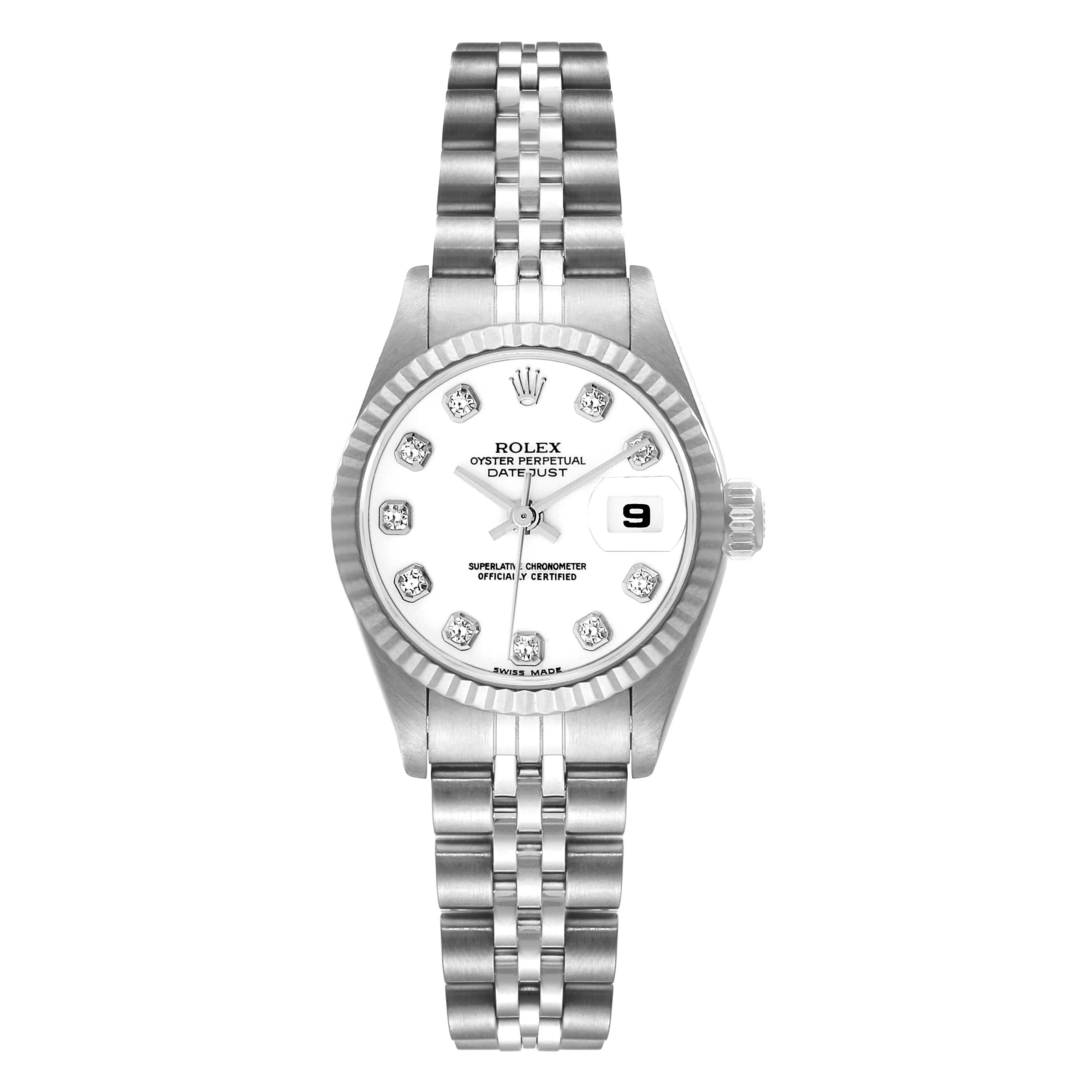 The image shows a Rolex Datejust 79174 Women's Stainless Steel White Dial 79174 Women's Stainless Steel White Dial watch from a front view, highlighting the dial, bezel, and bracelet.