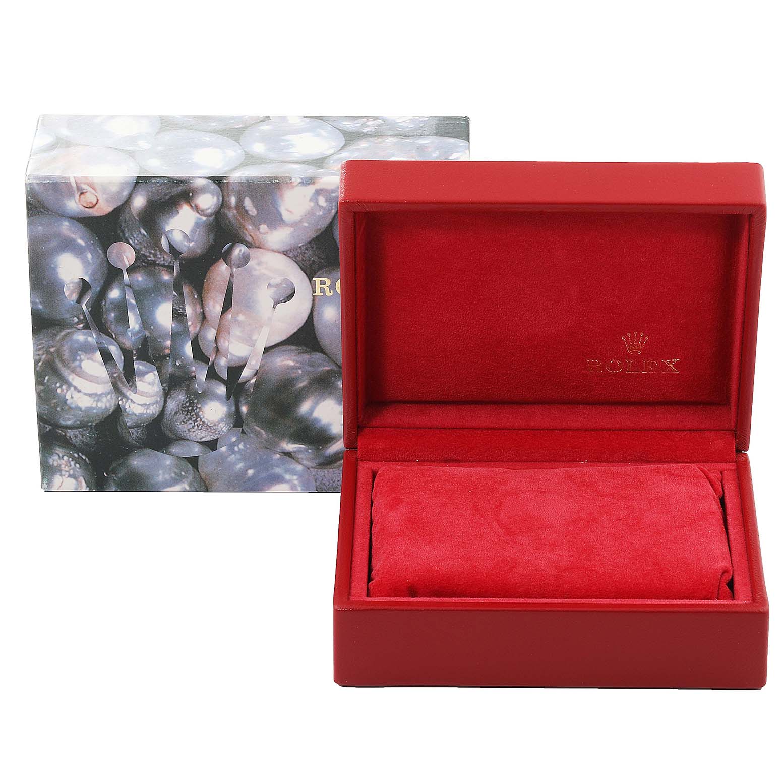 The image shows a red Rolex Datejust 79174 Women's Stainless Steel White Dial 79174 Women's Stainless Steel White Dial watch box with its outer decorative packaging.
