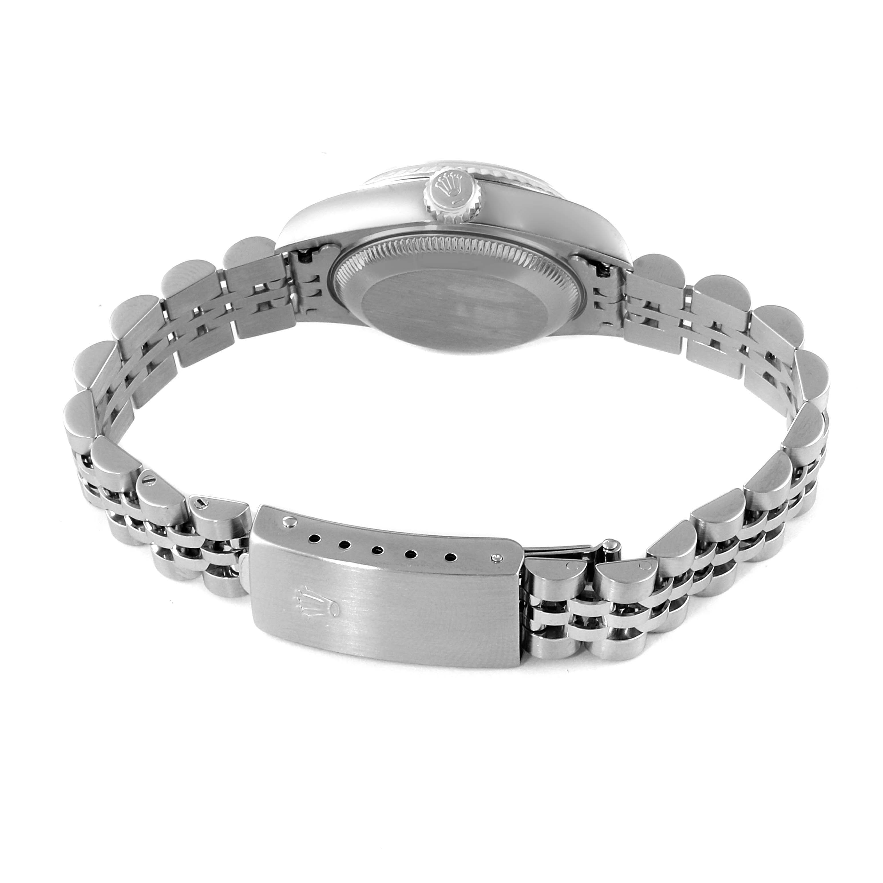 This image shows the back view of the Rolex Datejust 79174 Women's Stainless Steel White Dial 79174 Women's Stainless Steel White Dial watch, highlighting its bracelet, clasp, and case back.