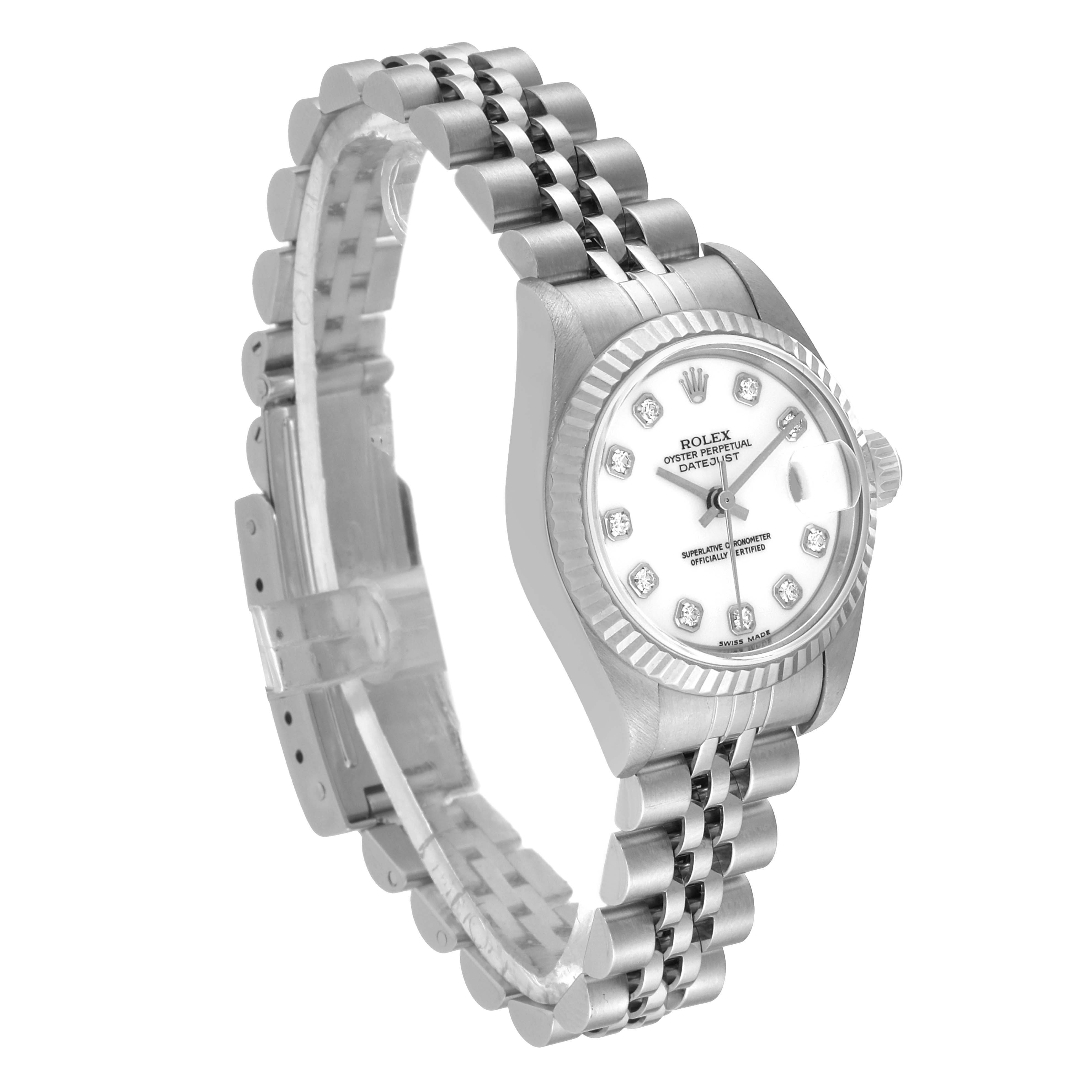 This image shows a side angle view of a Rolex Datejust 79174 Women's Stainless Steel White Dial 79174 Women's Stainless Steel White Dial watch, highlighting the watch face, bezel, and bracelet.