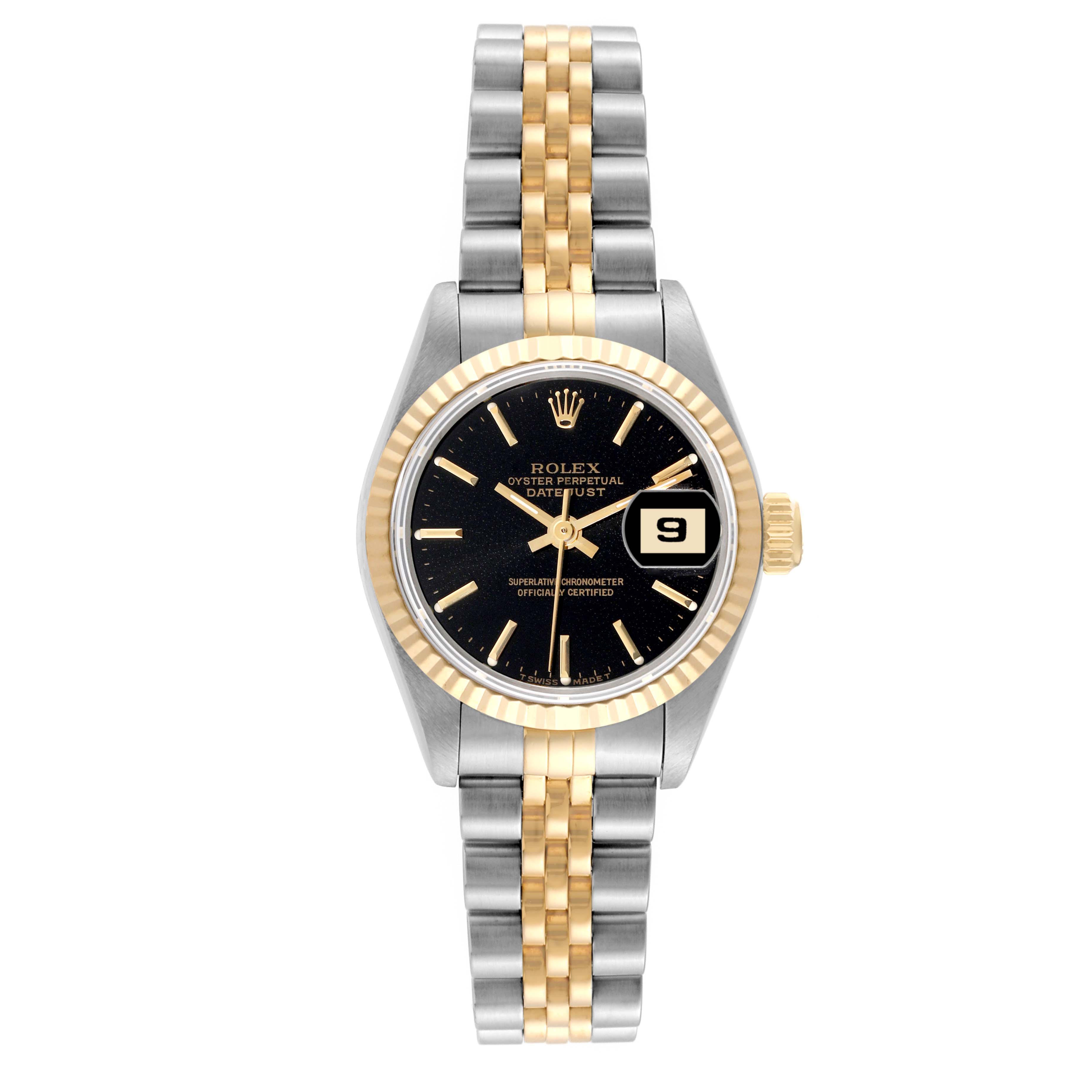 This image shows a front view of a Rolex Datejust 69173 Women's Steel and Gold (two tone) Black Dial 69173 Women's Steel and Gold (two tone) Black Dial watch featuring a two-tone bracelet and a black dial with a date display.