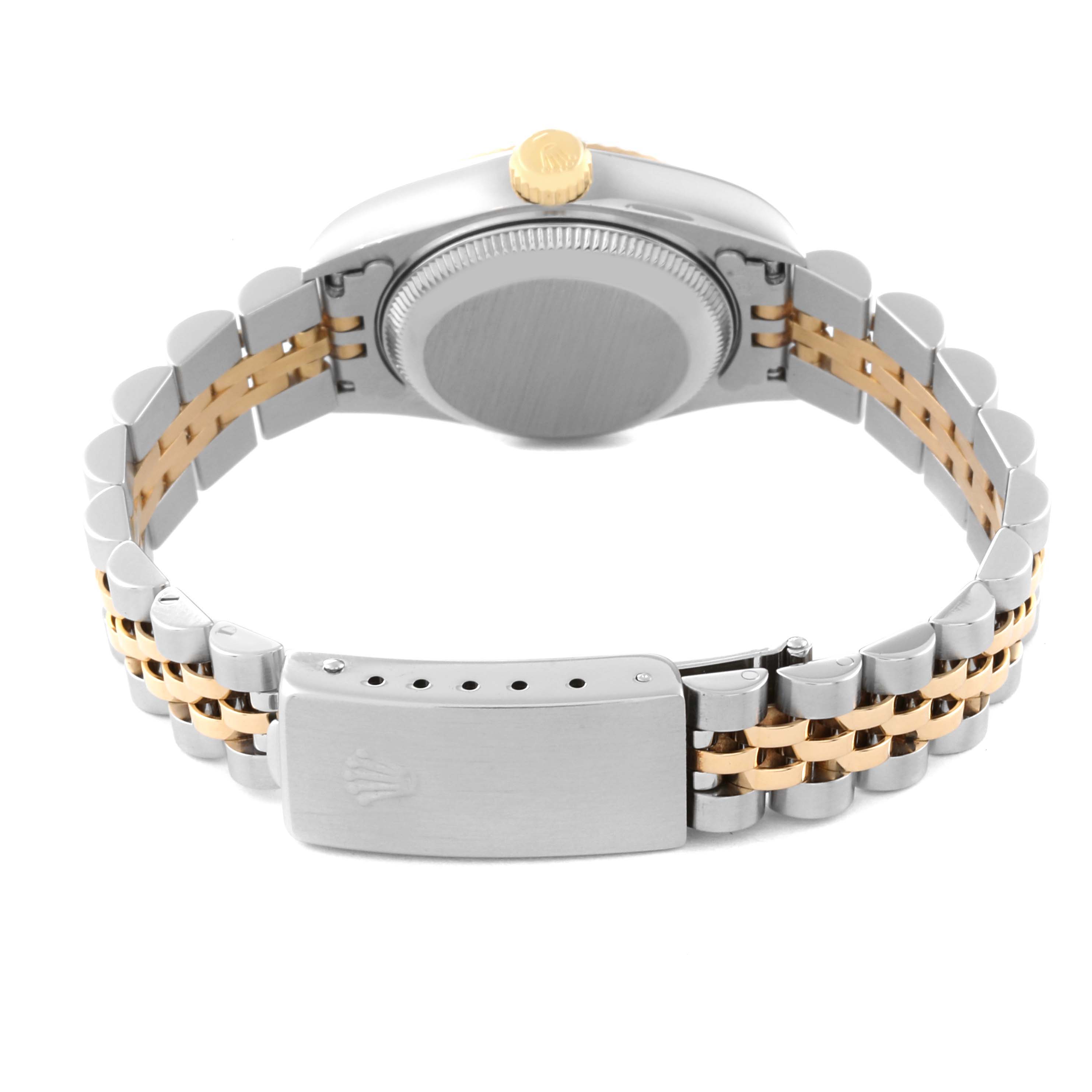 This image shows the back of a Rolex Datejust 69173 Women's Steel and Gold (two tone) Black Dial 69173 Women's Steel and Gold (two tone) Black Dial watch, highlighting the bracelet, clasp, and case back.