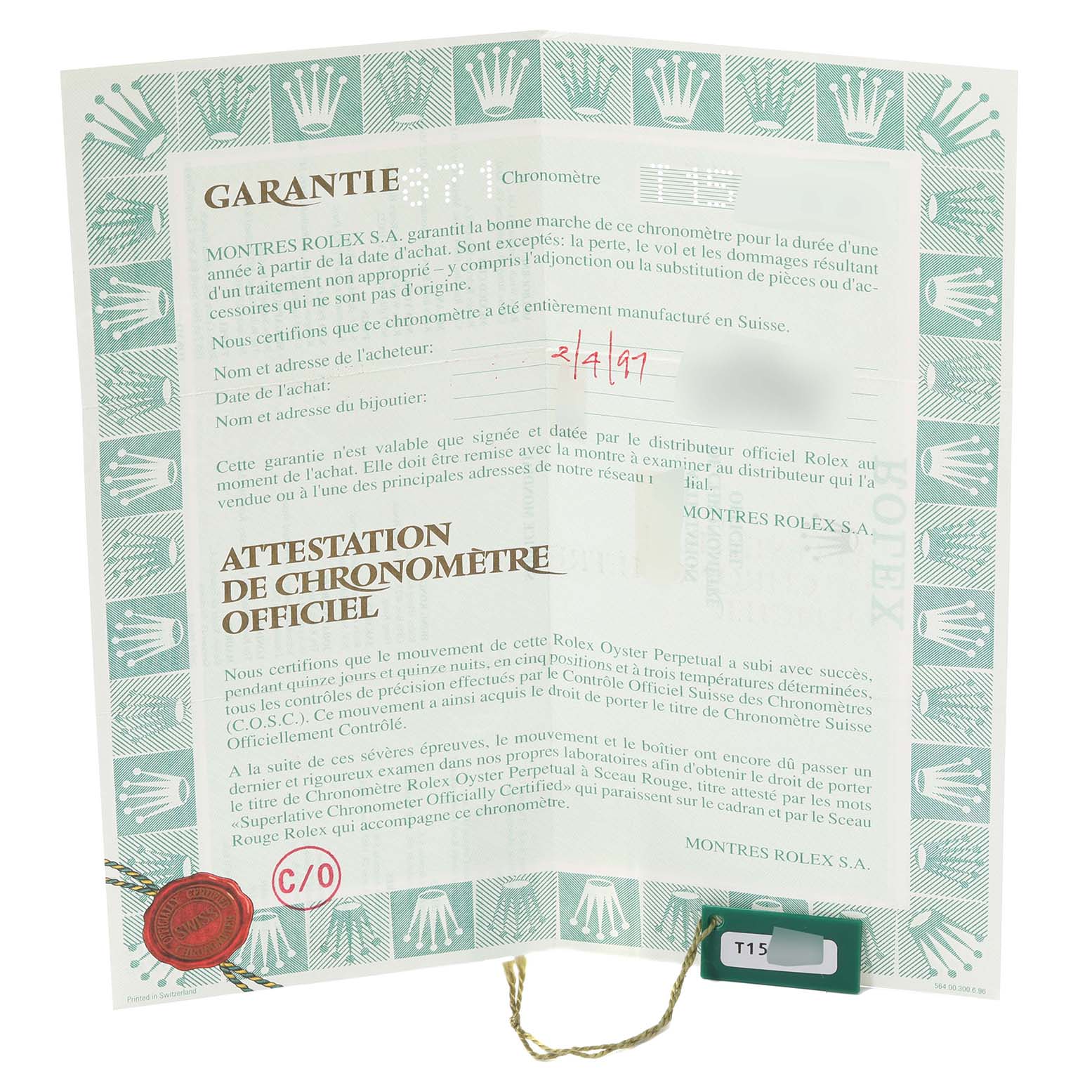 This image shows the warranty and certification papers for a Rolex Datejust 69173 Women's Steel and Gold (two tone) Black Dial 69173 Women's Steel and Gold (two tone) Black Dial watch, viewed from the front.