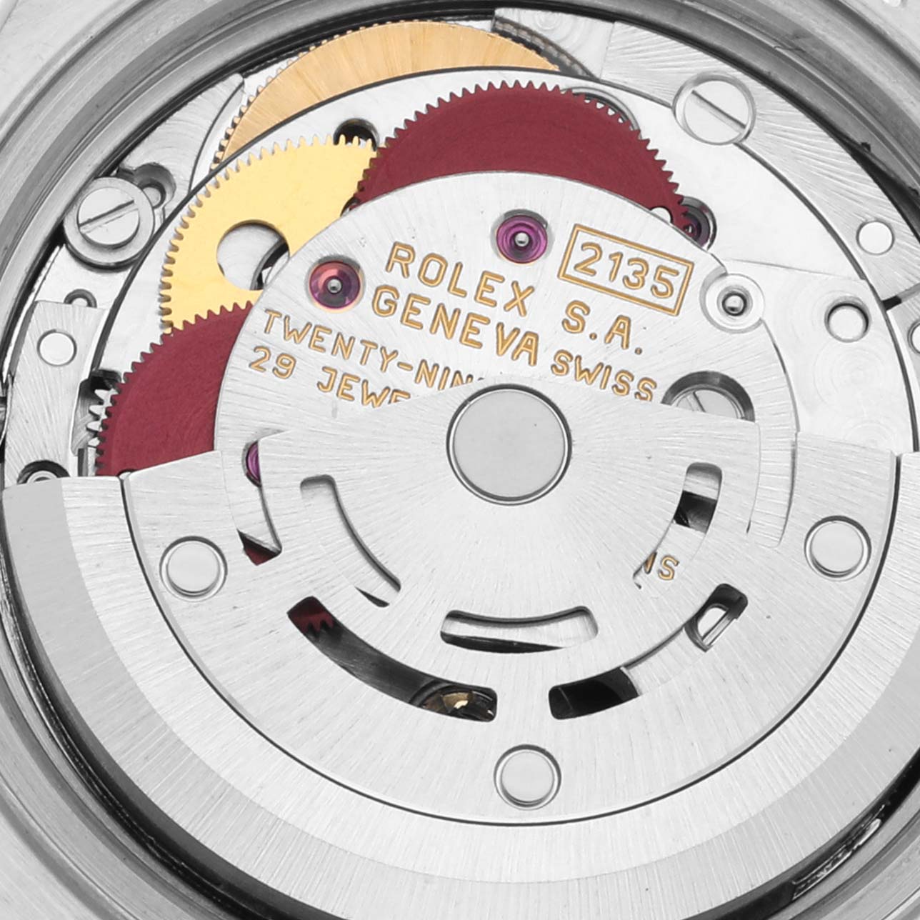 This image displays the intricate mechanical movement of a Rolex Datejust 69173 Women's Steel and Gold (two tone) Black Dial 69173 Women's Steel and Gold (two tone) Black Dial watch, showcasing the gears and rotor mechanism.