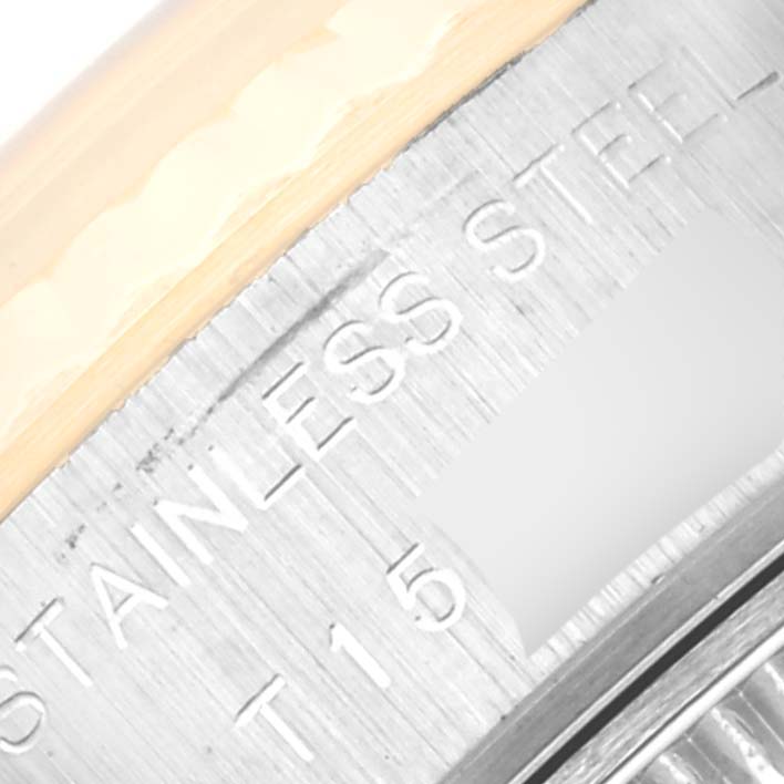 The image shows a close-up of the stainless steel part of a Rolex Datejust 69173 Women's Steel and Gold (two tone) Black Dial 69173 Women's Steel and Gold (two tone) Black Dial watch case.