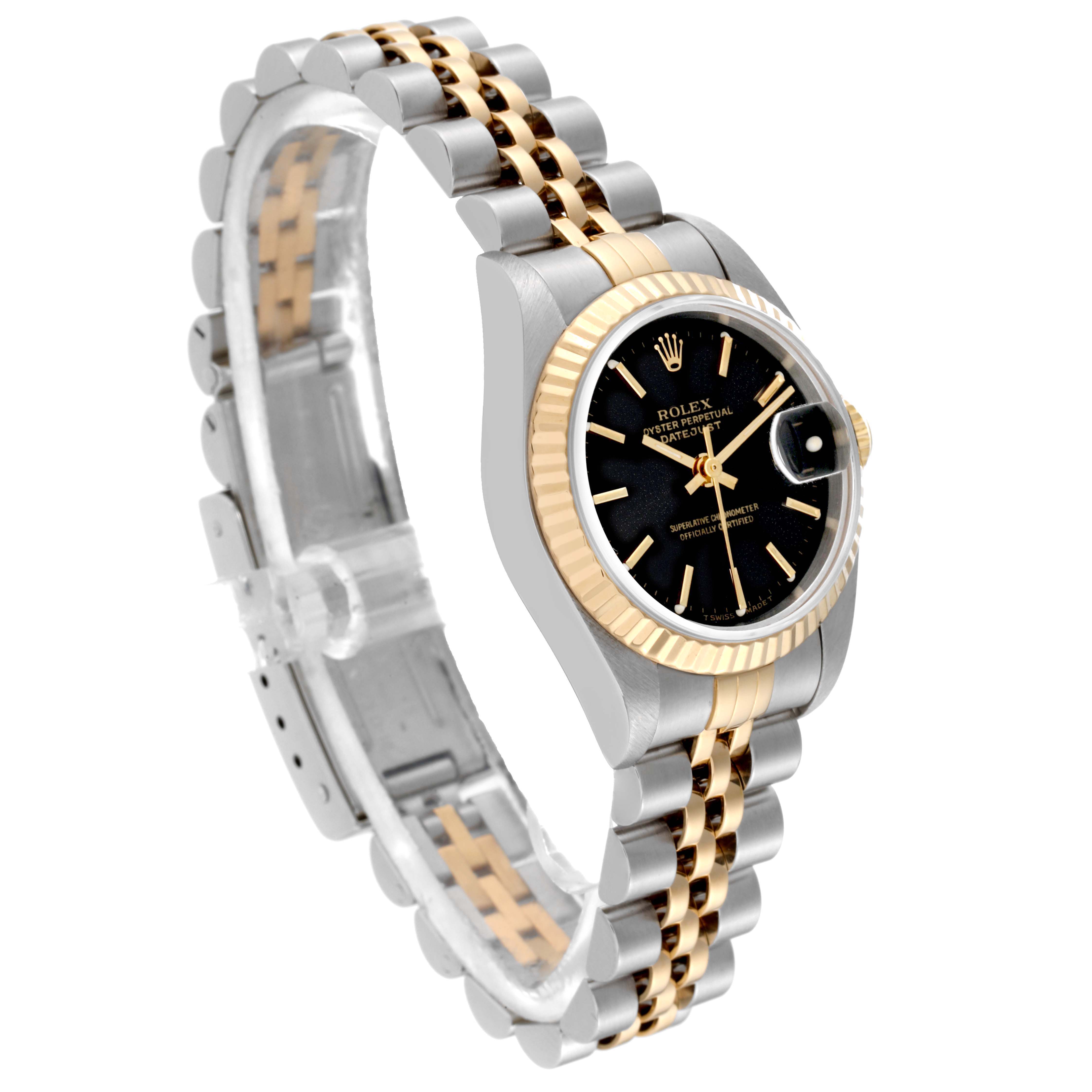 The Rolex Datejust 69173 Women's Steel and Gold (two tone) Black Dial 69173 Women's Steel and Gold (two tone) Black Dial watch is shown at an angled top view, displaying the dial, bezel, and two-tone bracelet.
