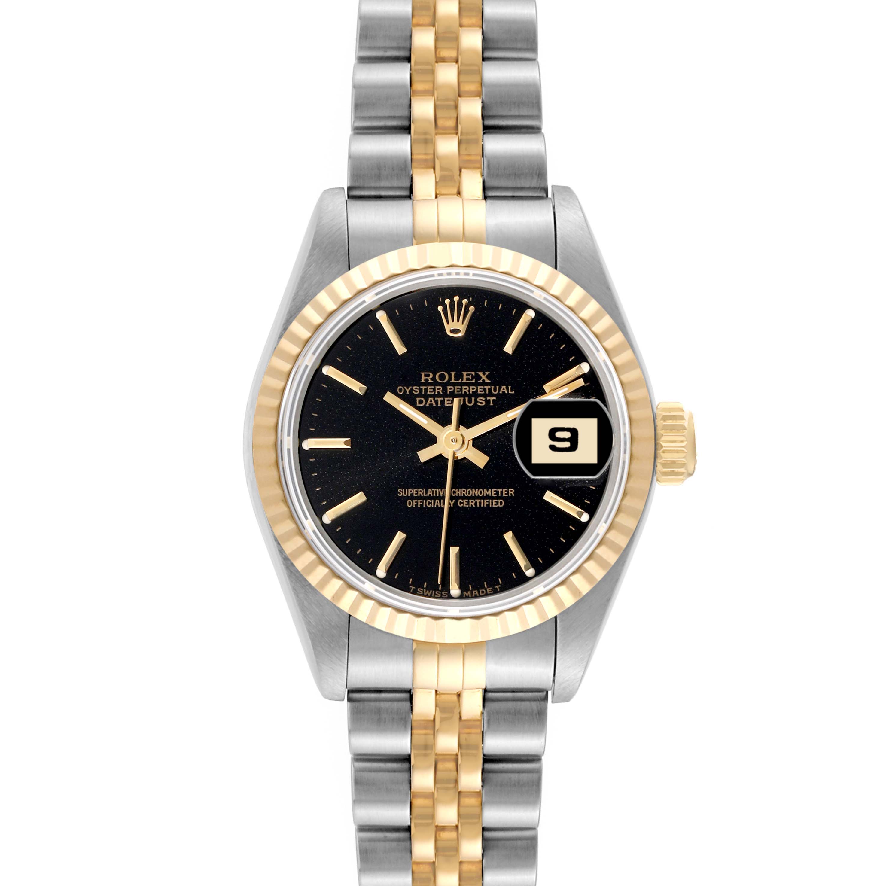 This image shows a Rolex Datejust 69173 Women's Steel and Gold (two tone) Black Dial 69173 Women's Steel and Gold (two tone) Black Dial watch from a front angle, highlighting the gold and silver jubilee bracelet, black dial, and fluted bezel.