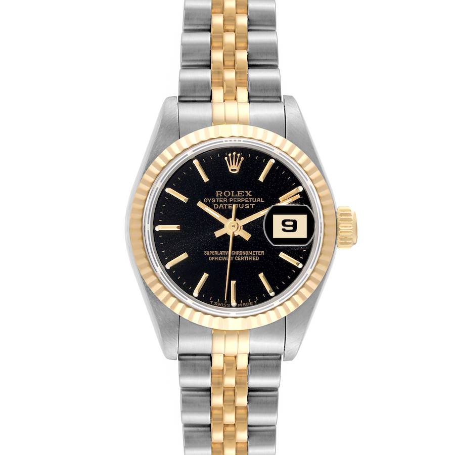 This image shows a Rolex Datejust watch from a front angle, highlighting the gold and silver jubilee bracelet, black dial, and fluted bezel.