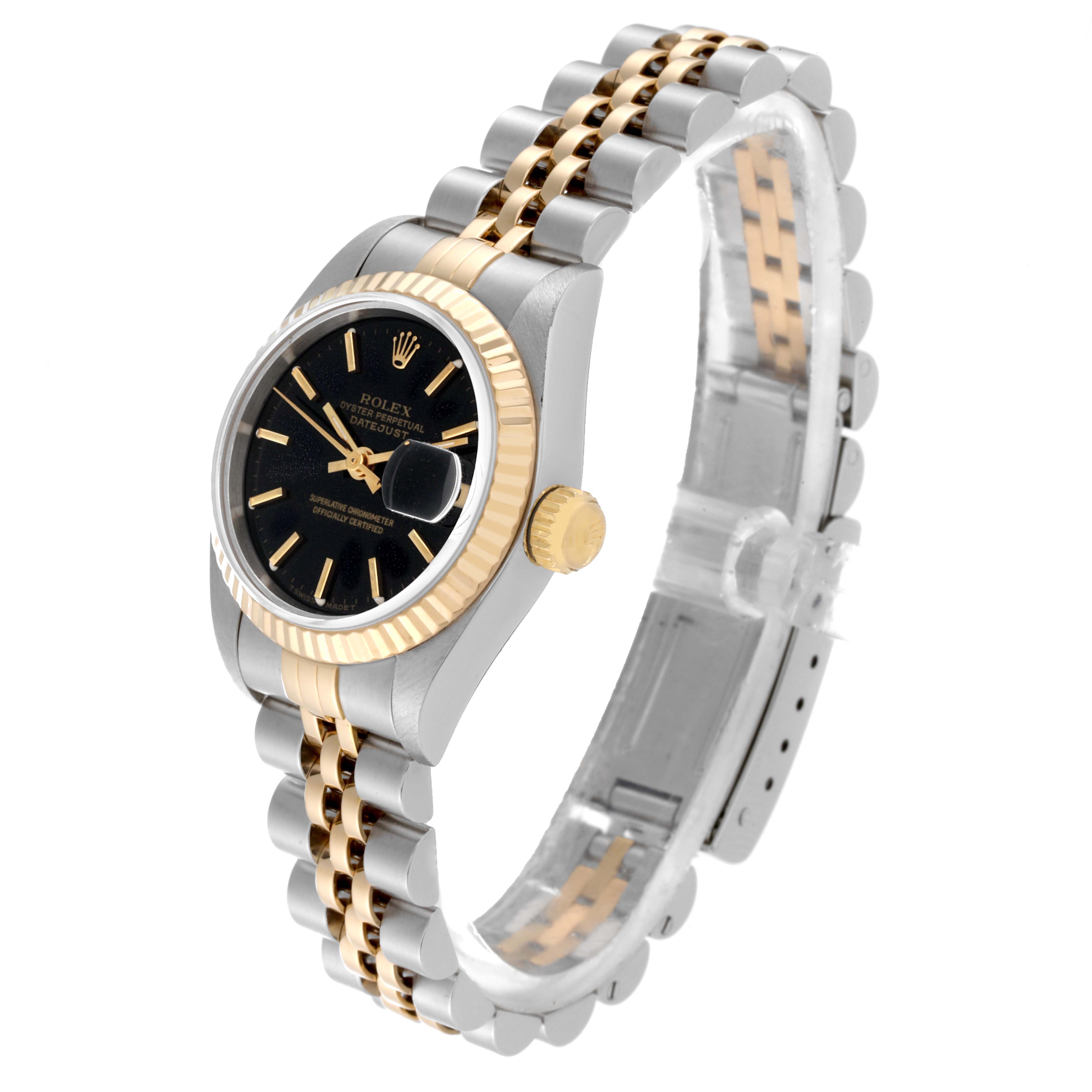 This image shows the side and front angle of the Rolex Datejust 69173 Women's Steel and Gold (two tone) Black Dial 69173 Women's Steel and Gold (two tone) Black Dial watch, highlighting its dial, crown, and two-tone bracelet.