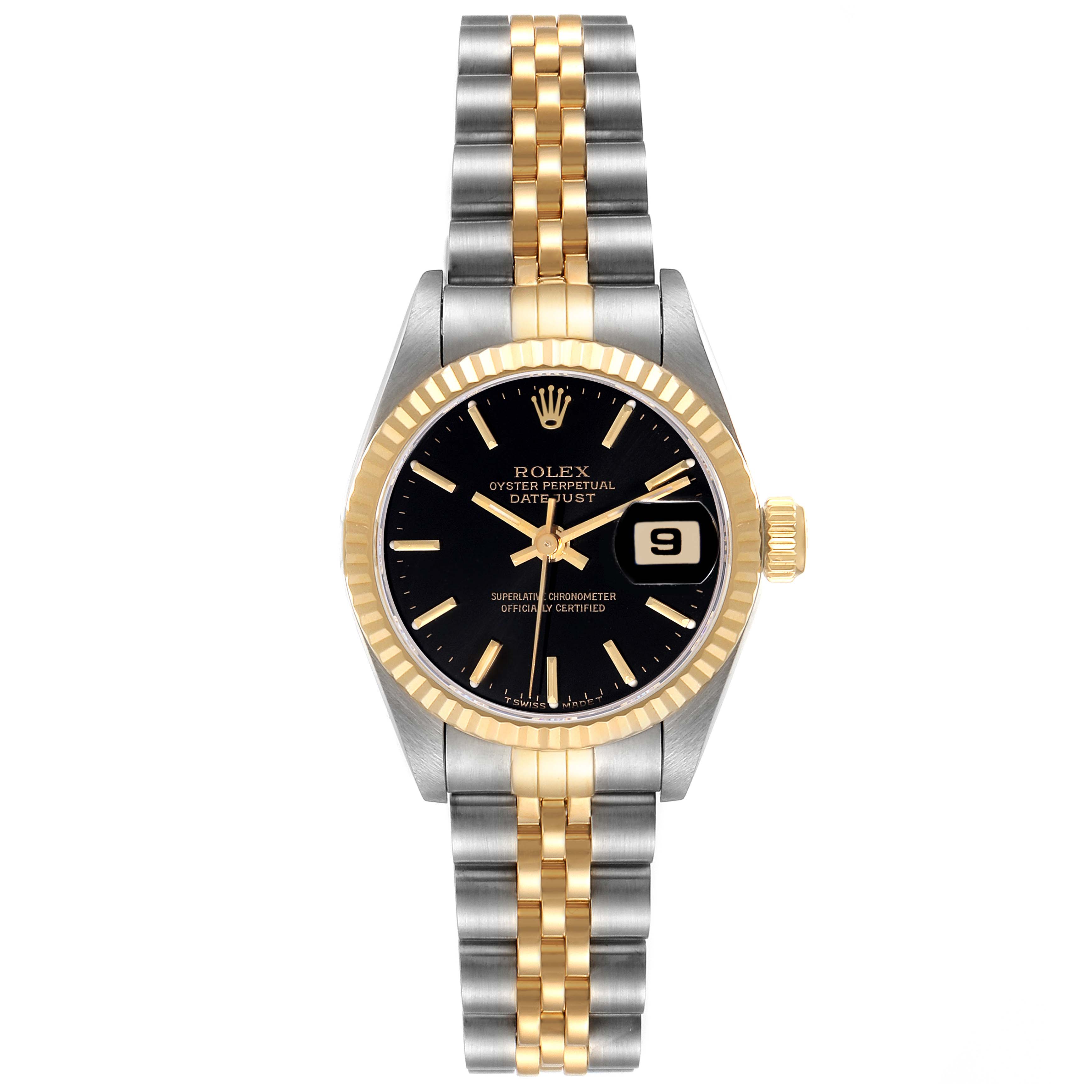 The image shows a frontal view of a Rolex Datejust 69173 Women's Steel and Gold (two tone) Black Dial 69173 Women's Steel and Gold (two tone) Black Dial model, featuring its black dial, date window, and two-tone bracelet.
