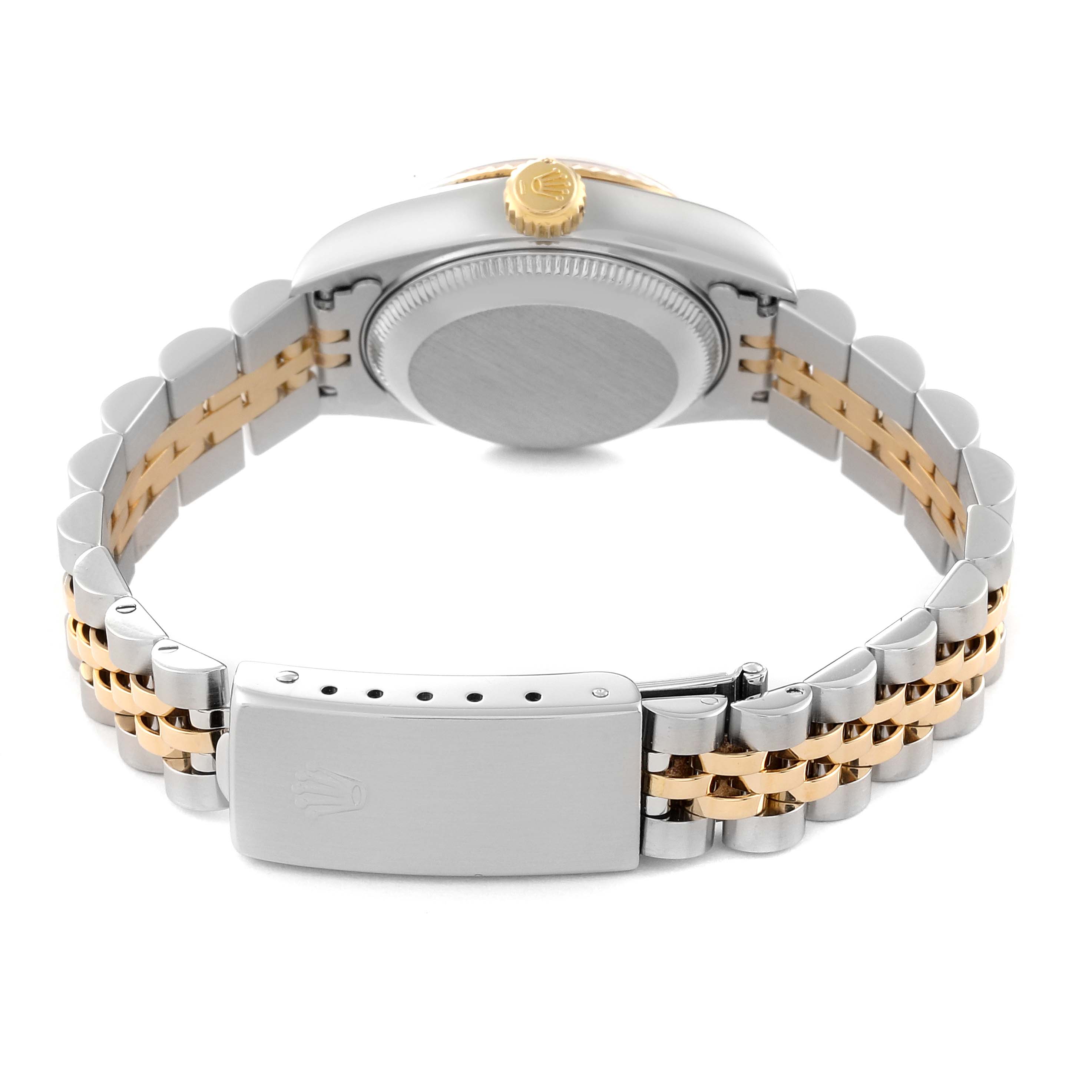 The image shows the back view of the Rolex Datejust 69173 Women's Steel and Gold (two tone) Black Dial 69173 Women's Steel and Gold (two tone) Black Dial, displaying the caseback, crown, and bicolor jubilee bracelet with clasp.