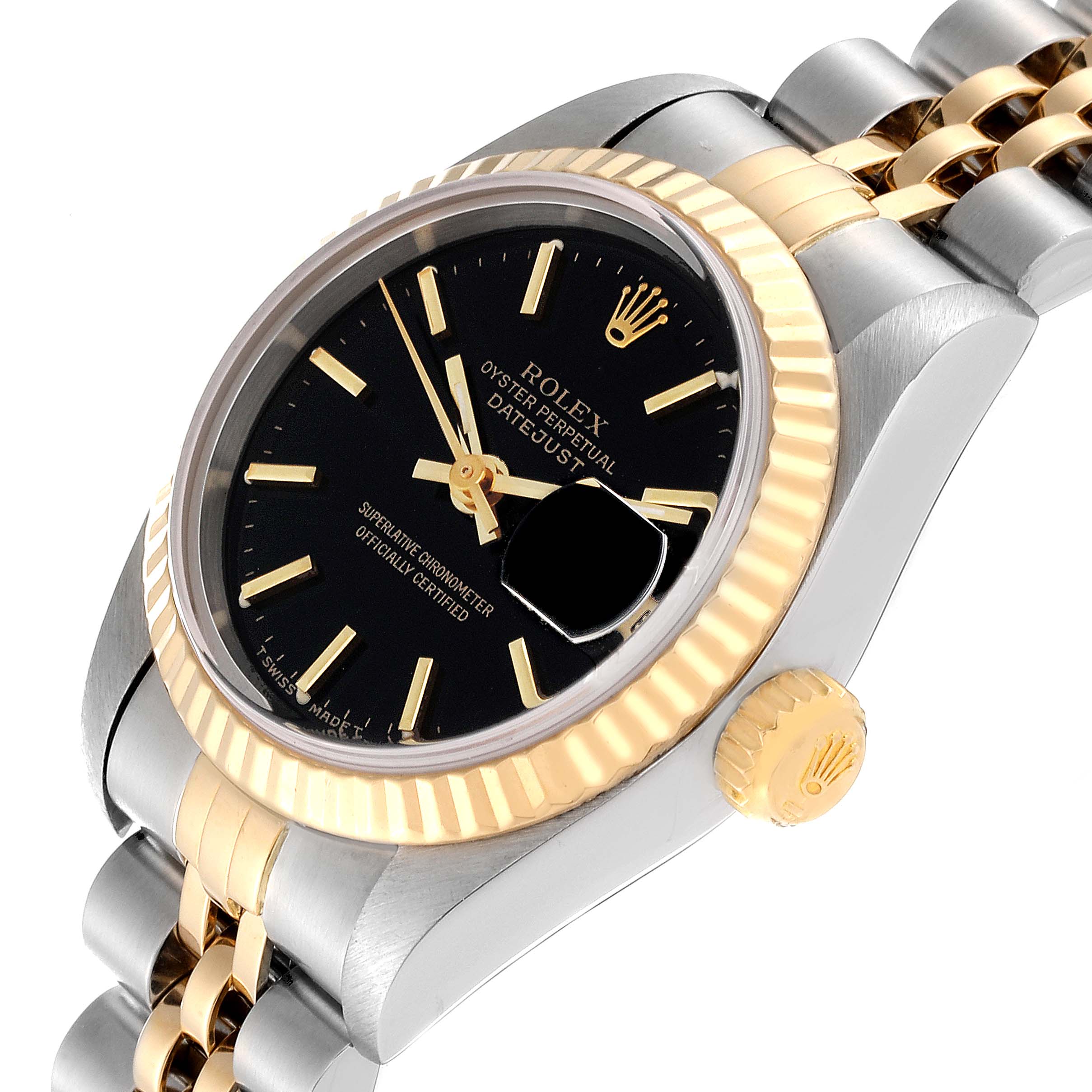 The Rolex Datejust 69173 Women's Steel and Gold (two tone) Black Dial 69173 Women's Steel and Gold (two tone) Black Dial watch is shown from an angled perspective, highlighting the dial, bezel, and part of the bracelet.