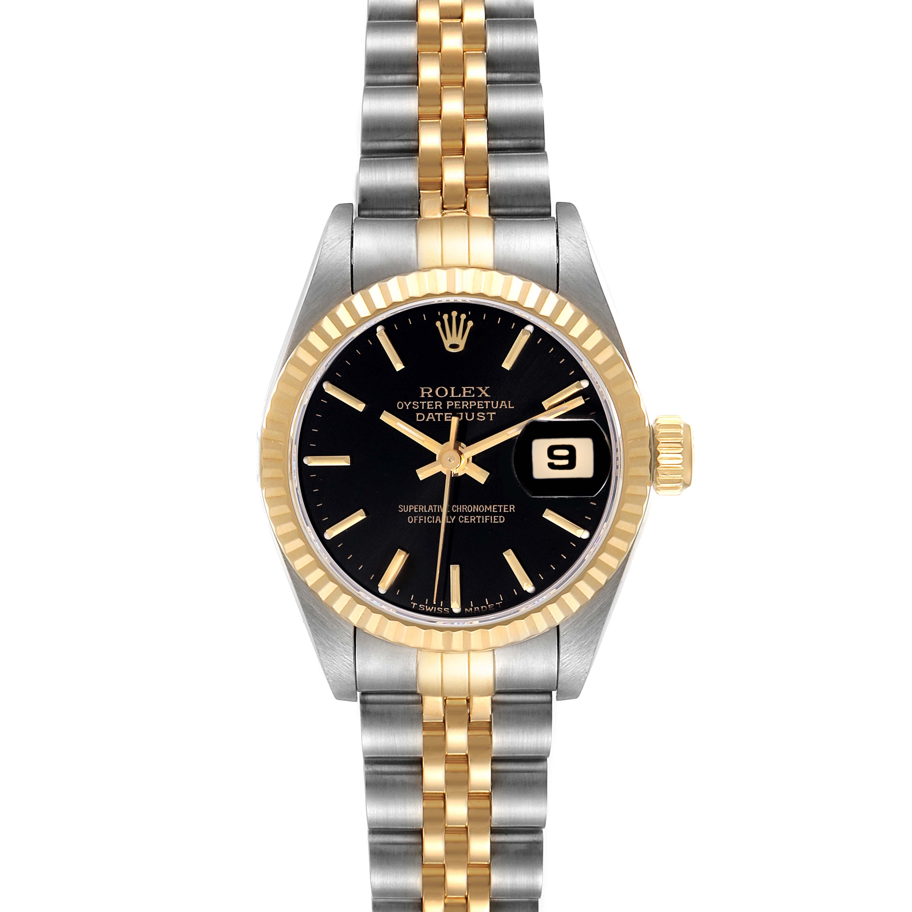 The image shows a front view of a Rolex Datejust 69173 Women's Steel and Gold (two tone) Black Dial 69173 Women's Steel and Gold (two tone) Black Dial watch, featuring a two-tone bracelet, black dial, and date display.