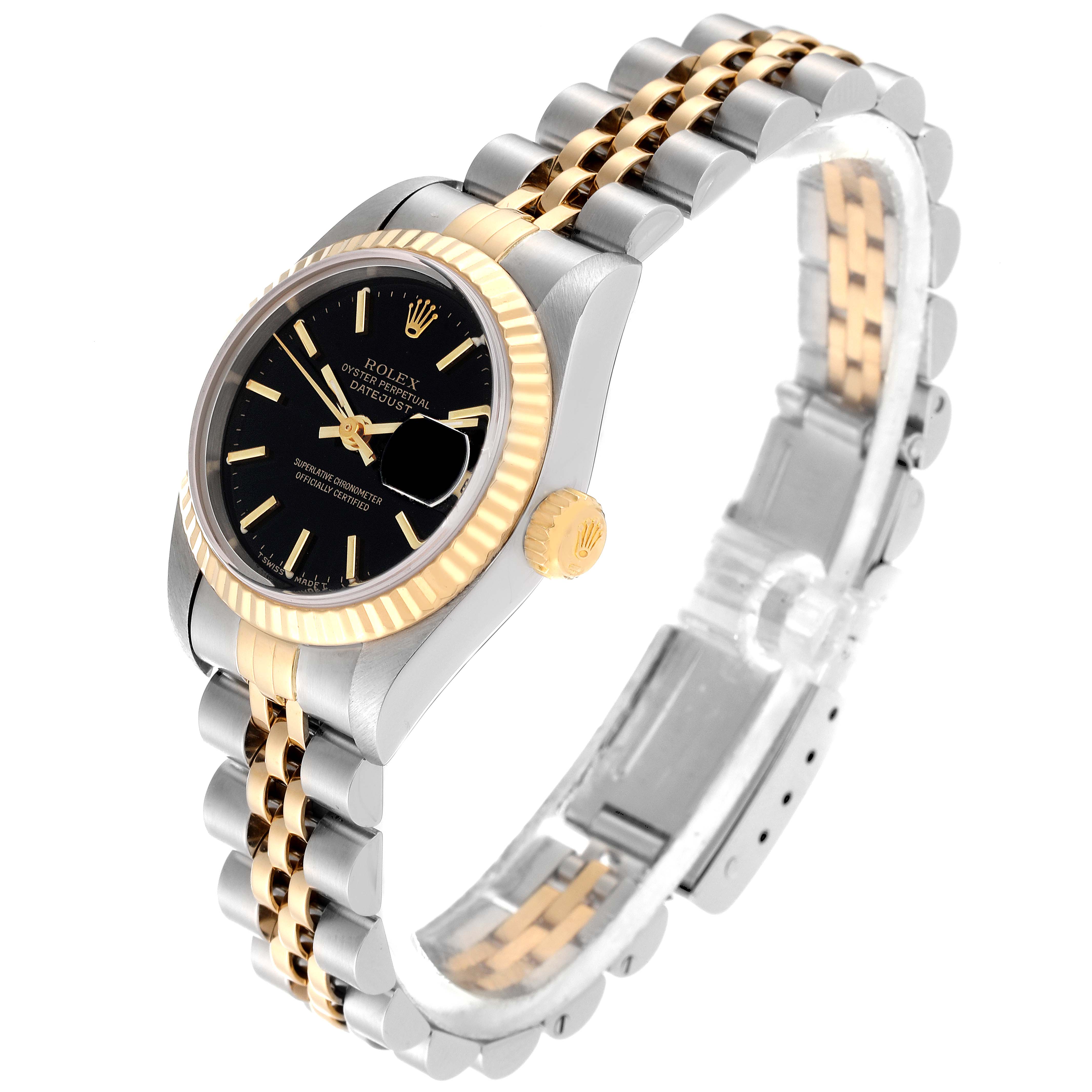 The image shows a two-tone Rolex Datejust 69173 Women's Steel and Gold (two tone) Black Dial 69173 Women's Steel and Gold (two tone) Black Dial watch angled to display the face, fluted bezel, crown, and bracelet.