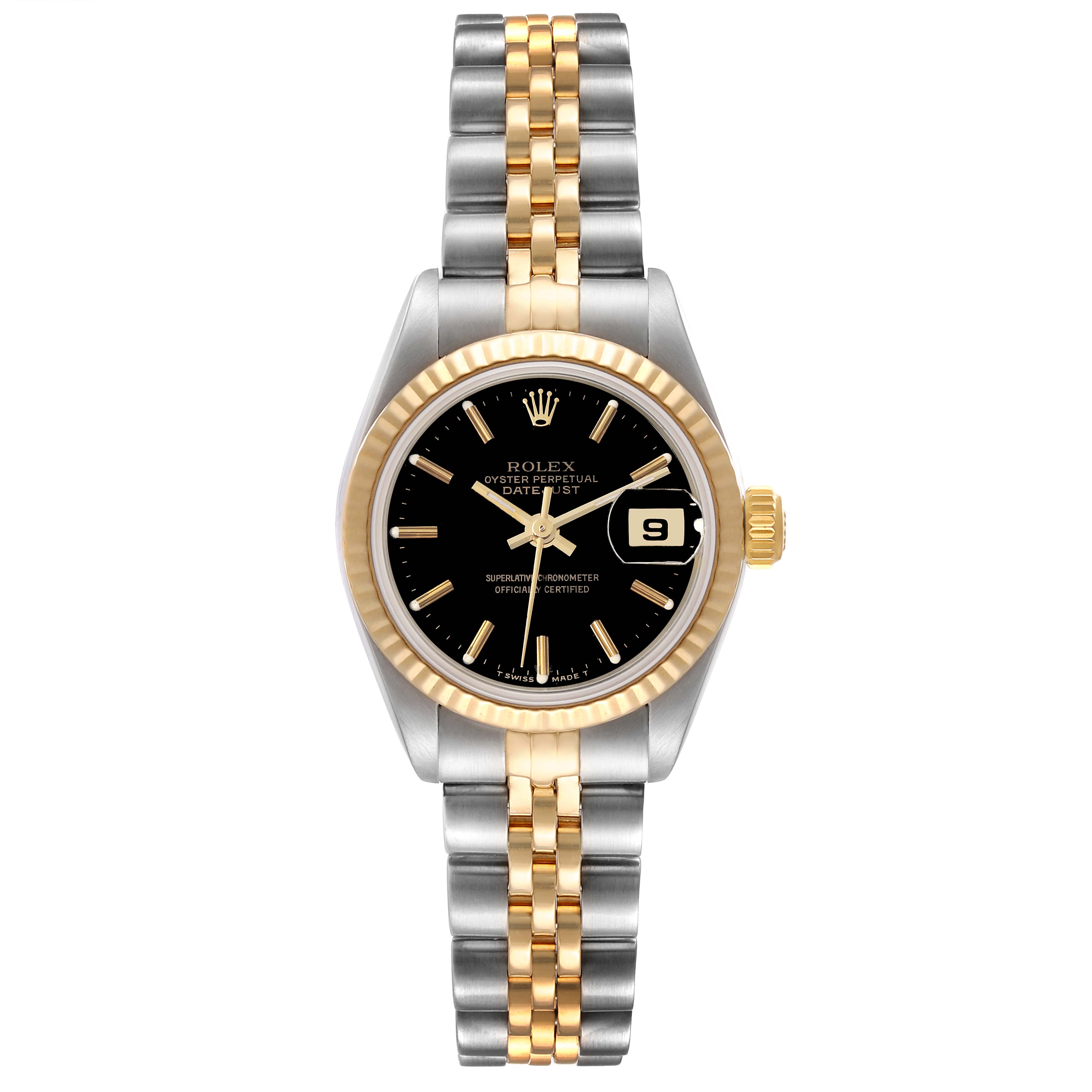 This Rolex Datejust 69173 Women's Steel and Gold (two tone) Black Dial 69173 Women's Steel and Gold (two tone) Black Dial watch is shown from a top-down angle, displaying its black dial, gold fluted bezel, and two-tone jubilee bracelet.