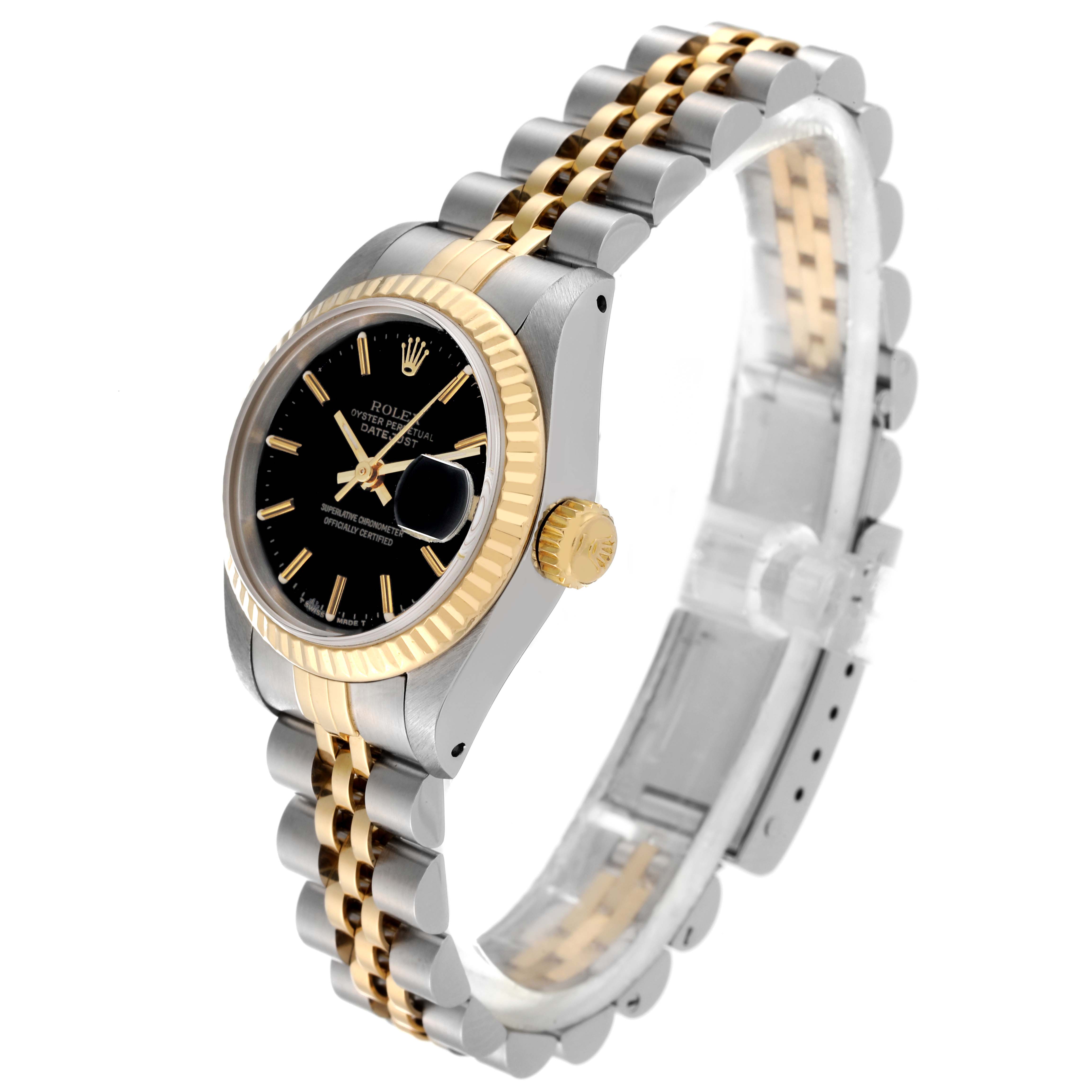 The Rolex Datejust 69173 Women's Steel and Gold (two tone) Black Dial 69173 Women's Steel and Gold (two tone) Black Dial watch is shown at a slight angle, displaying the watch face, crown, bezel, and part of the jubilee bracelet.