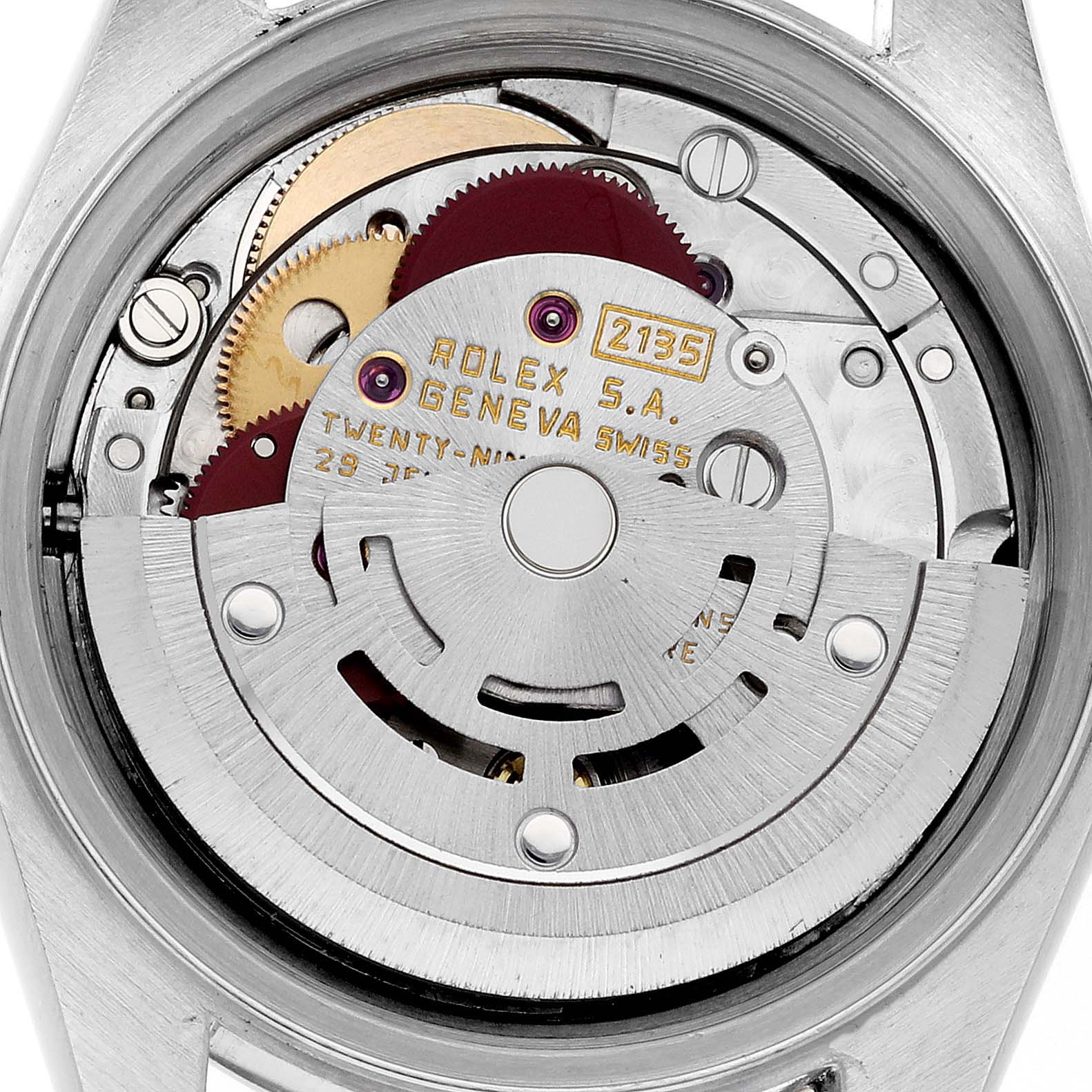 This image shows the internal movement of a Rolex Datejust 69173 Women's Steel and Gold (two tone) Black Dial 69173 Women's Steel and Gold (two tone) Black Dial model, featuring gears and the inscription "Rolex S.A. Geneva Swiss."