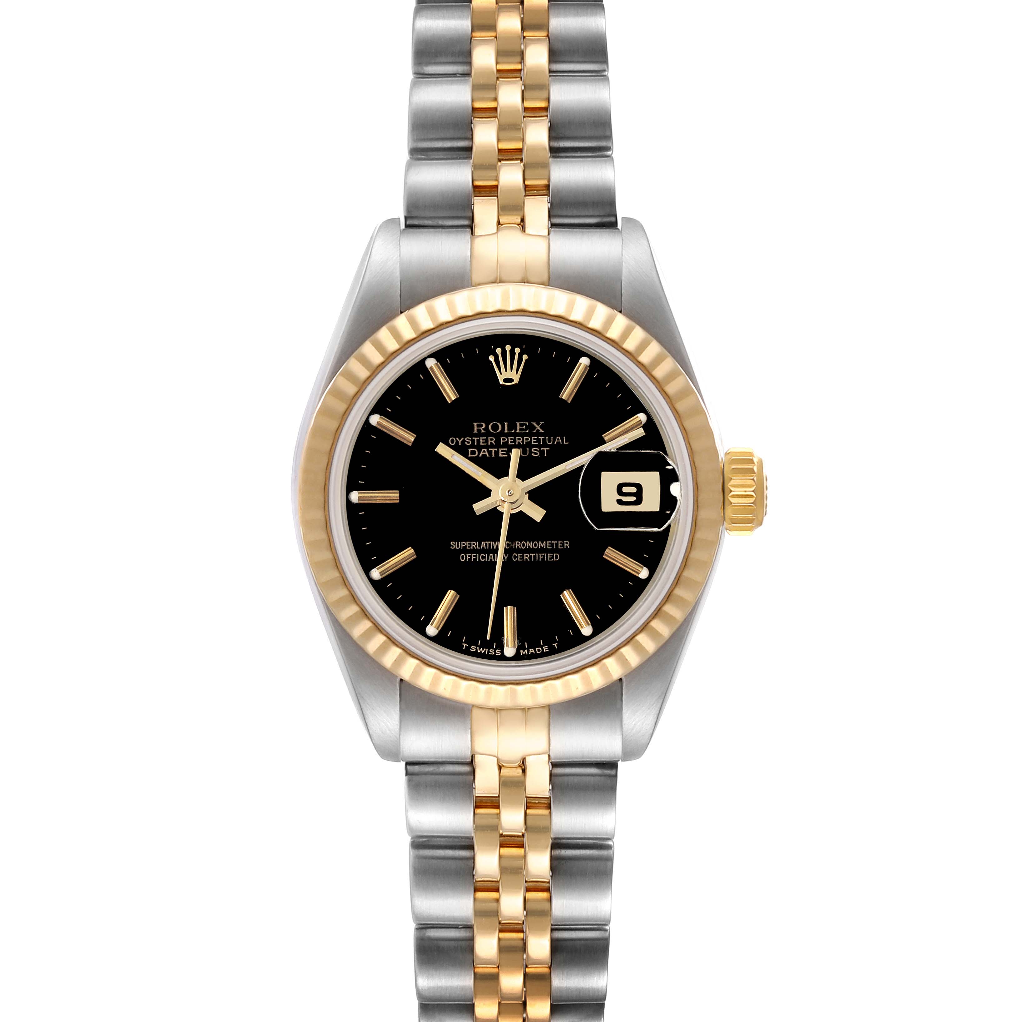 This image shows a Rolex Datejust 69173 Women's Steel and Gold (two tone) Black Dial 69173 Women's Steel and Gold (two tone) Black Dial watch from the front, highlighting its dial, bezel, and two-tone bracelet.