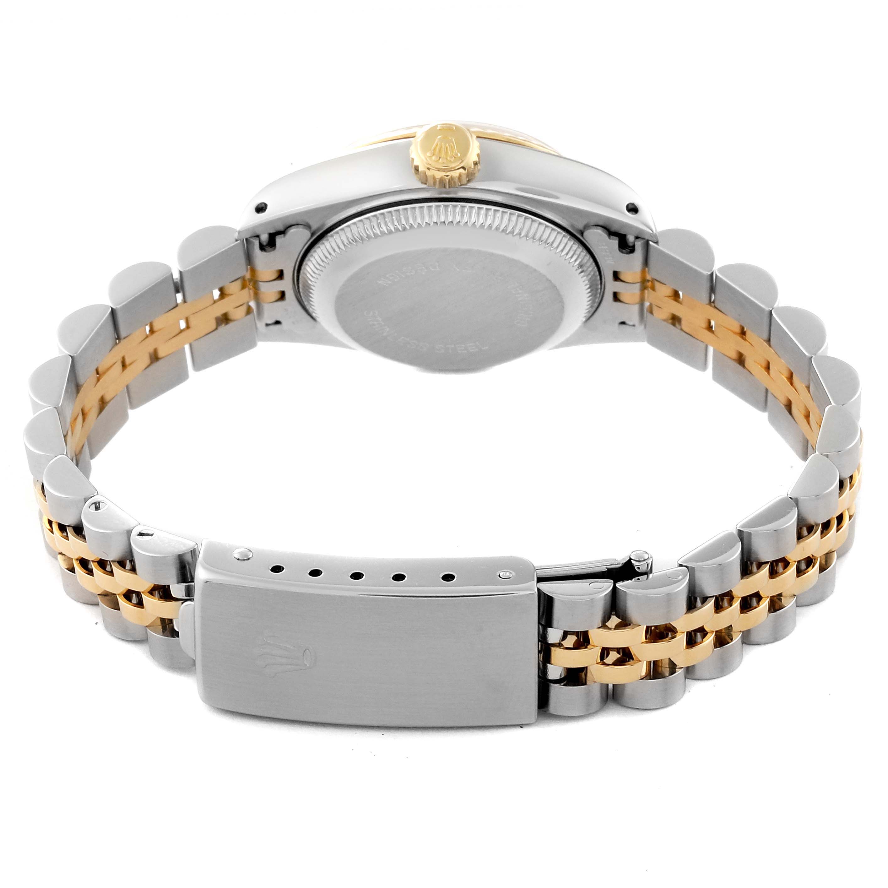 The image shows the back case and bracelet clasp of a Rolex Datejust 69173 Women's Steel and Gold (two tone) Black Dial 69173 Women's Steel and Gold (two tone) Black Dial watch at a rear view angle.