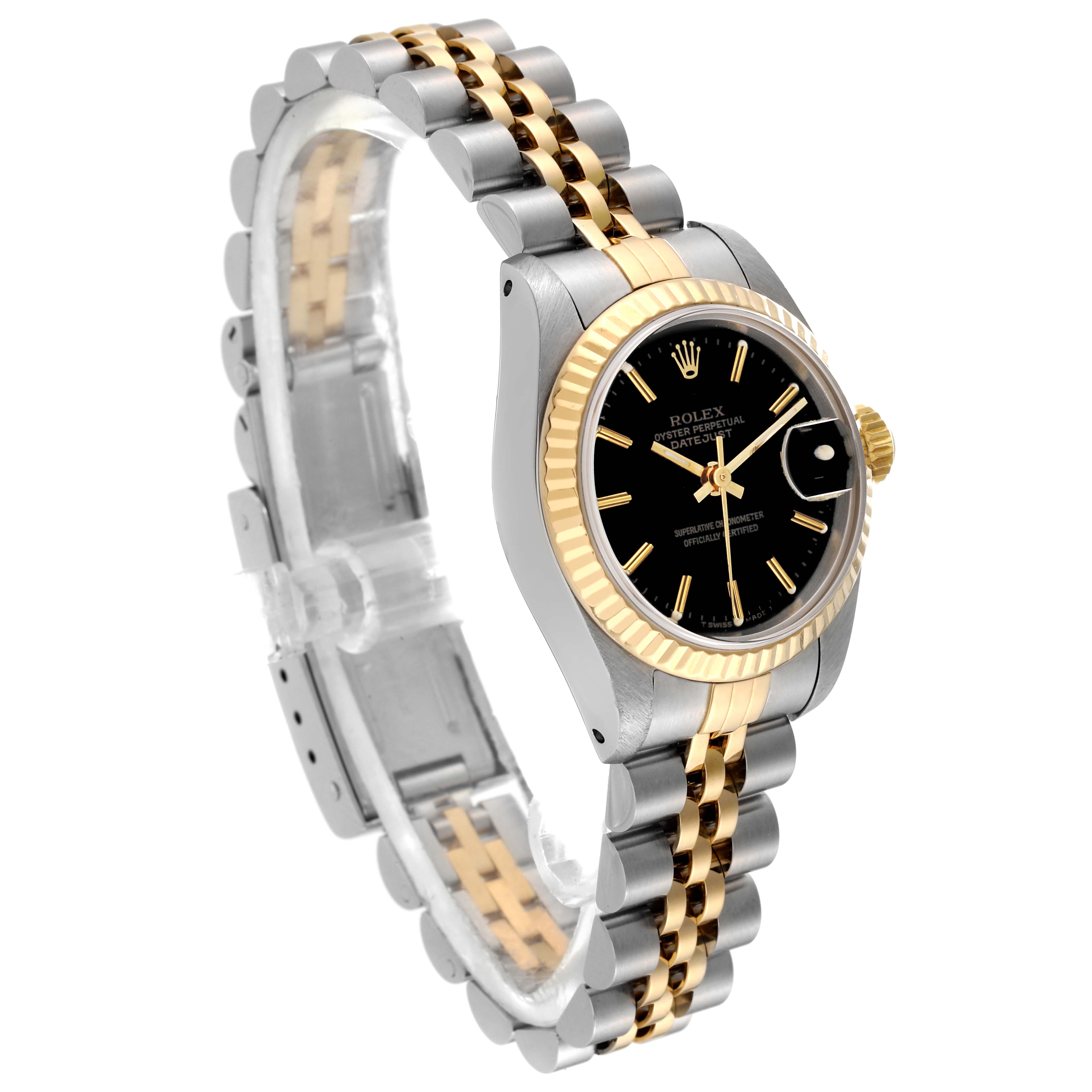 This image shows a Rolex Datejust 69173 Women's Steel and Gold (two tone) Black Dial 69173 Women's Steel and Gold (two tone) Black Dial watch at an angle, highlighting its two-tone bracelet, black dial, and fluted bezel.