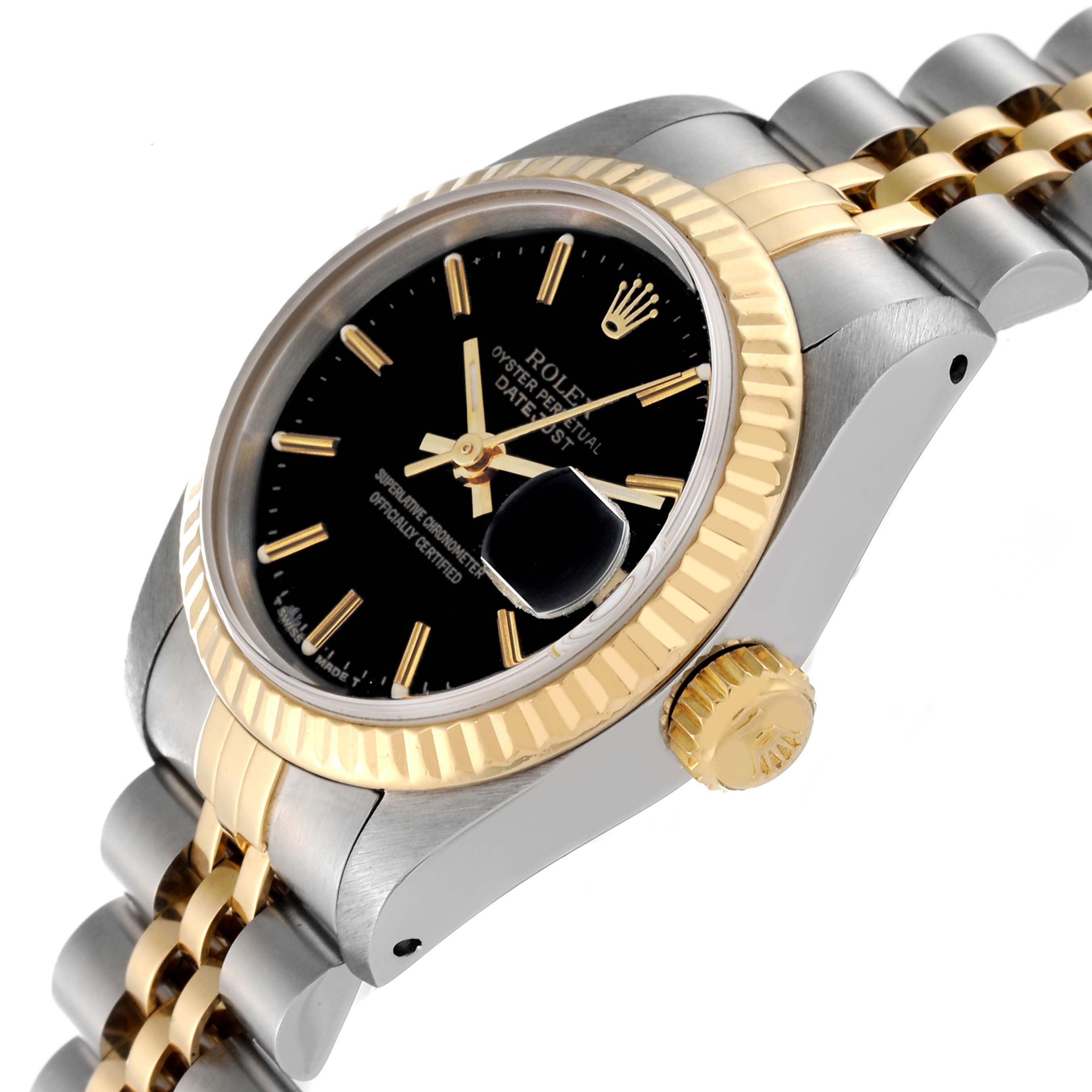 The Rolex Datejust 69173 Women's Steel and Gold (two tone) Black Dial 69173 Women's Steel and Gold (two tone) Black Dial watch is shown at an angle displaying the dial, gold fluted bezel, crown, and part of the two-tone bracelet.