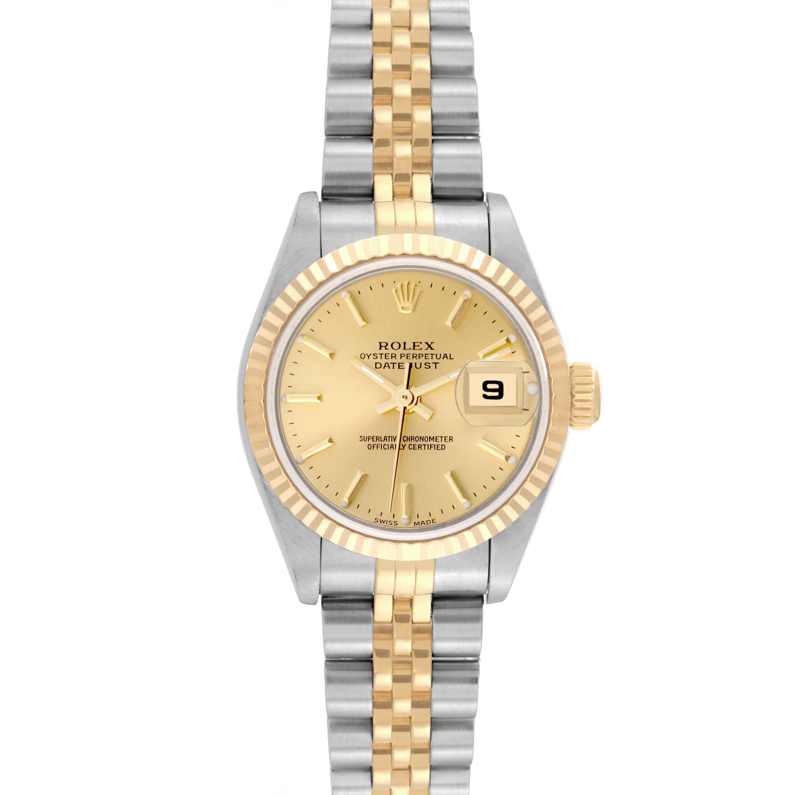 This image shows a top-down view of a Rolex Datejust 79173 Women's Steel and Gold (two tone) Champagne Dial 79173 Women's Steel and Gold (two tone) Champagne Dial watch, showcasing the dial, bezel, case, bracelet, and date window.