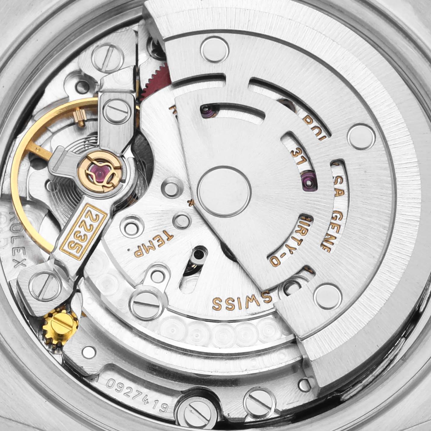 This image shows a close-up view of the internal mechanism of a Rolex Datejust 79173 Women's Steel and Gold (two tone) Champagne Dial 79173 Women's Steel and Gold (two tone) Champagne Dial watch.