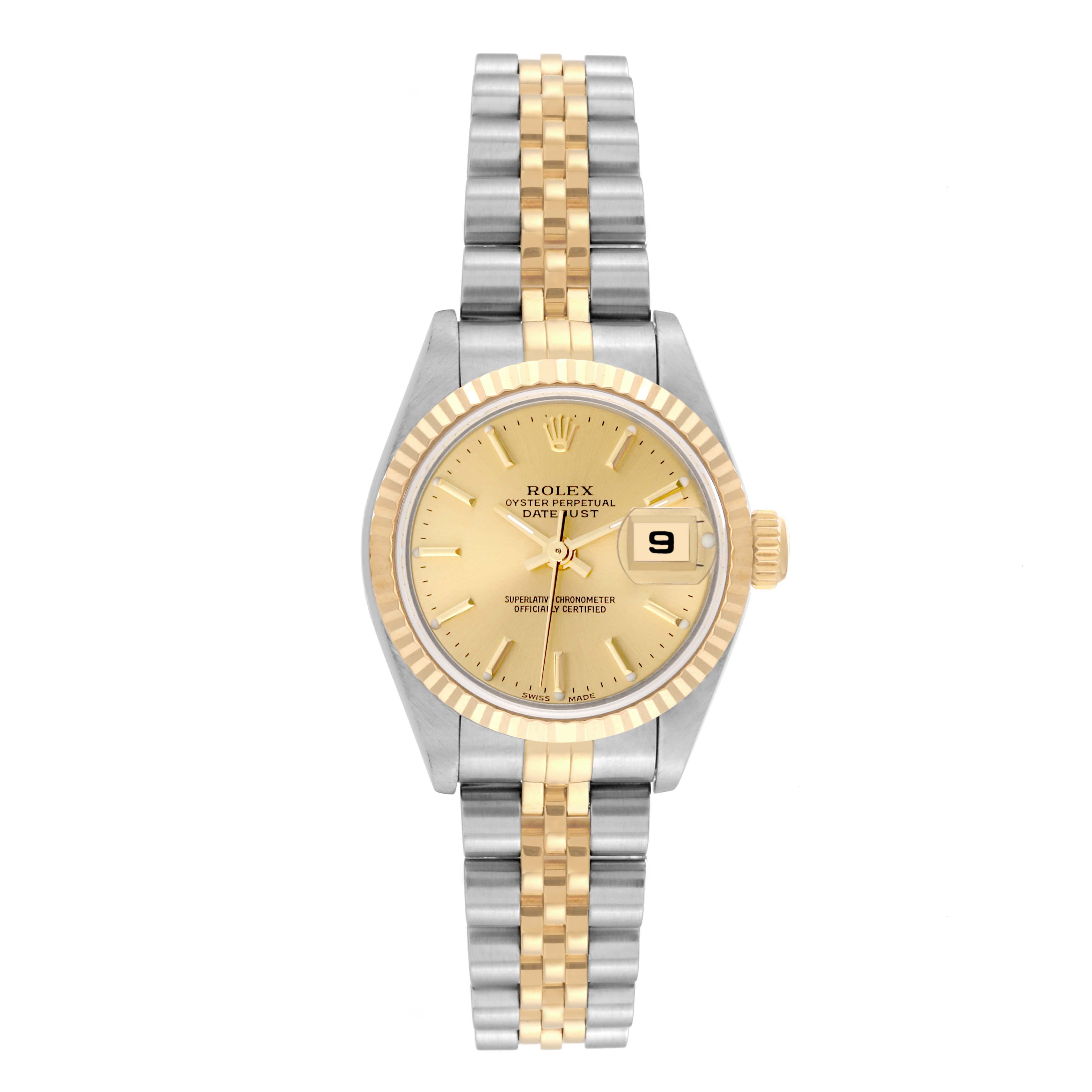 This image shows a Rolex Datejust 79173 Women's Steel and Gold (two tone) Champagne Dial 79173 Women's Steel and Gold (two tone) Champagne Dial watch, viewed from the front, featuring a gold dial, fluted bezel, and a two-tone bracelet.