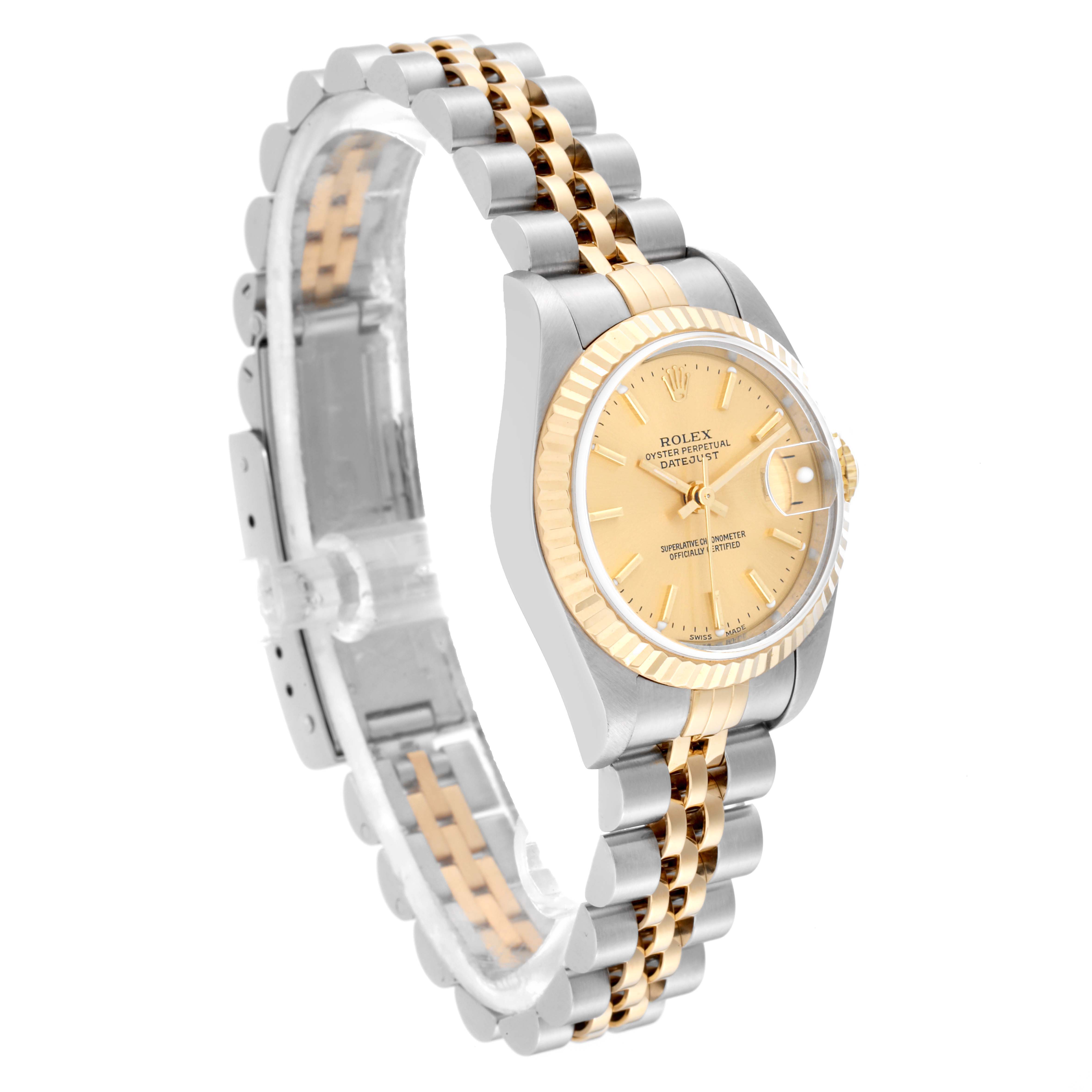 The image shows a side angle of the Rolex Datejust 79173 Women's Steel and Gold (two tone) Champagne Dial 79173 Women's Steel and Gold (two tone) Champagne Dial watch, highlighting its face, bezel, and two-tone bracelet.