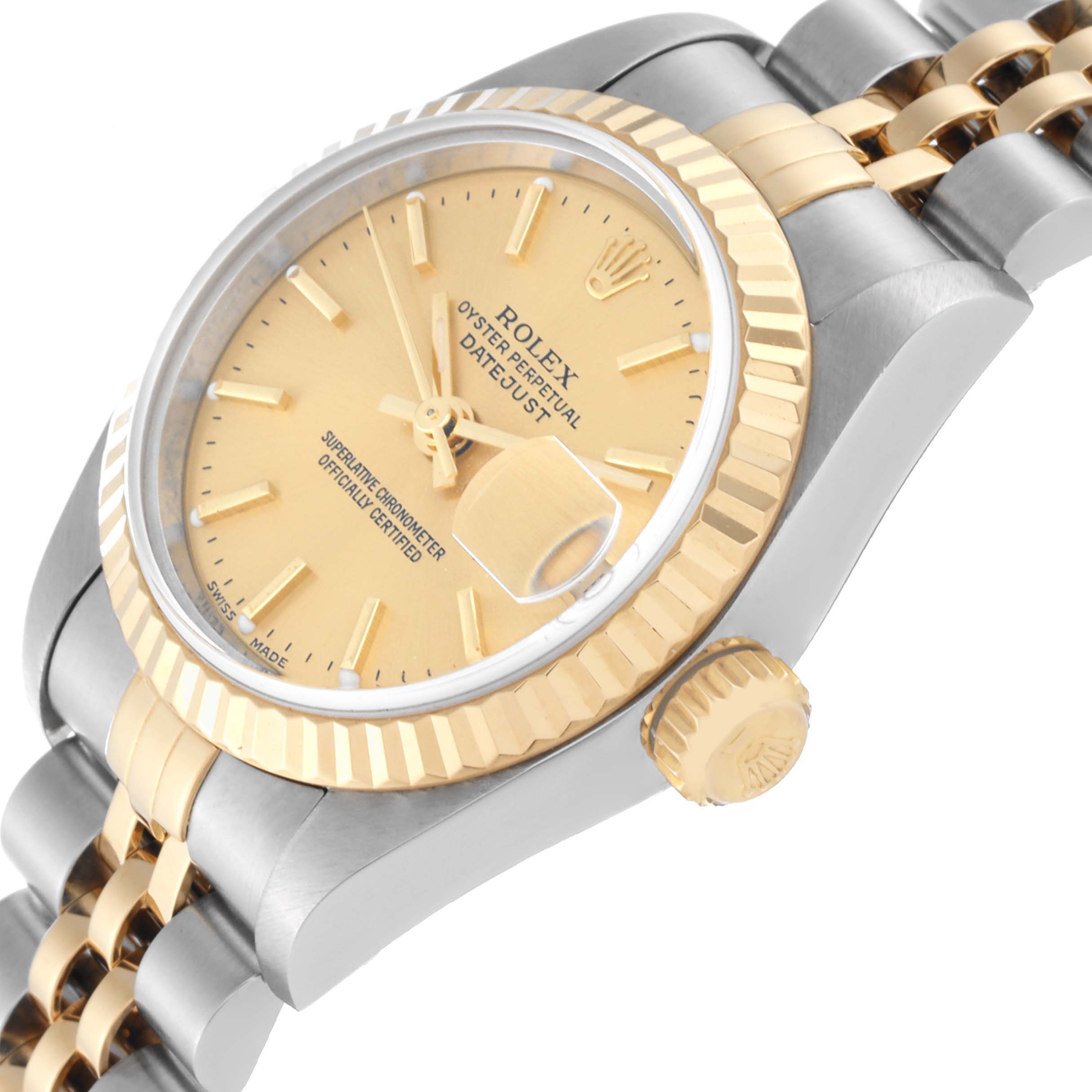 The image shows an angled side view of the Rolex Datejust 79173 Women's Steel and Gold (two tone) Champagne Dial 79173 Women's Steel and Gold (two tone) Champagne Dial, highlighting the face, bezel, crown, and bracelet.