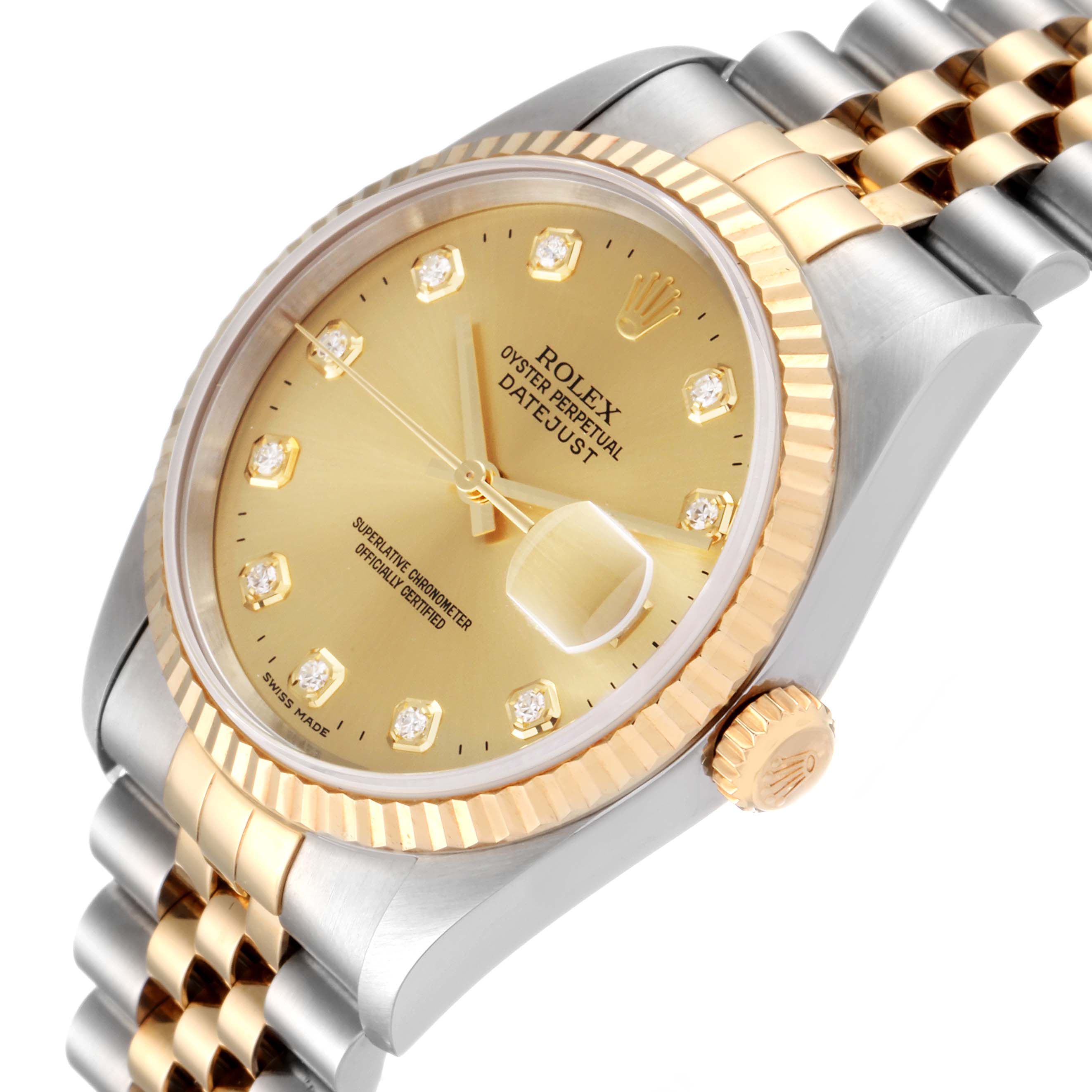 This image shows a side view of the Rolex Datejust 16233 Men's Steel and Gold (two tone) Champagne Dial 16233 Men's Steel and Gold (two tone) Champagne Dial, highlighting the gold bezel, crown, dial, and two-tone bracelet.