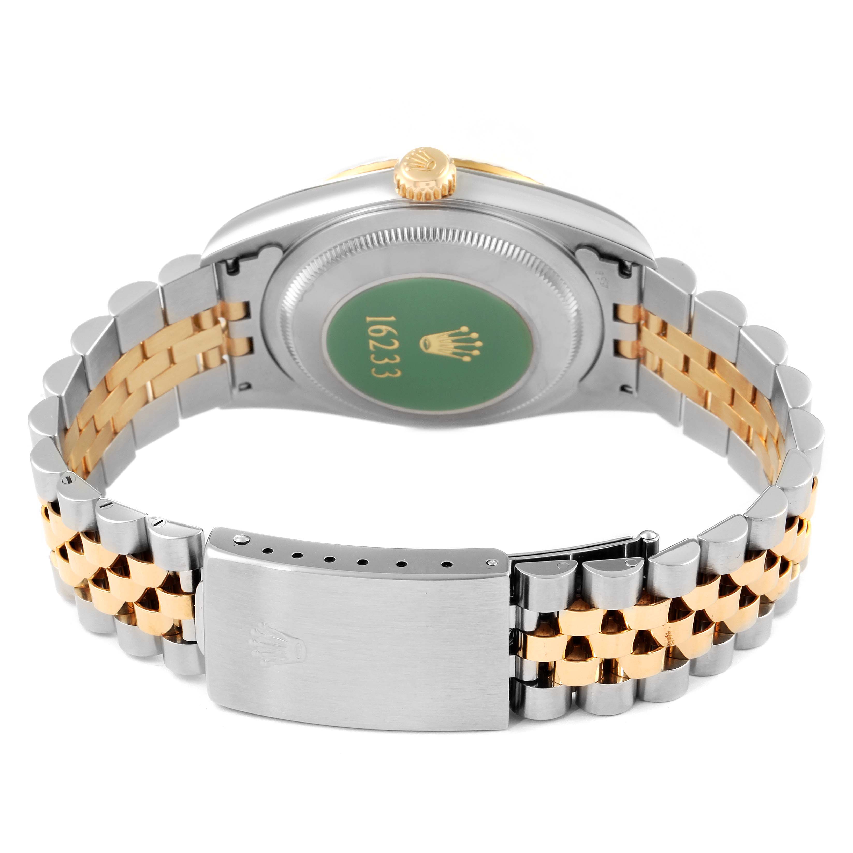 The image shows the back and bracelet of a Rolex Datejust 16233 Men's Steel and Gold (two tone) Champagne Dial 16233 Men's Steel and Gold (two tone) Champagne Dial model, highlighting its clasp, case back, and two-tone bracelet.