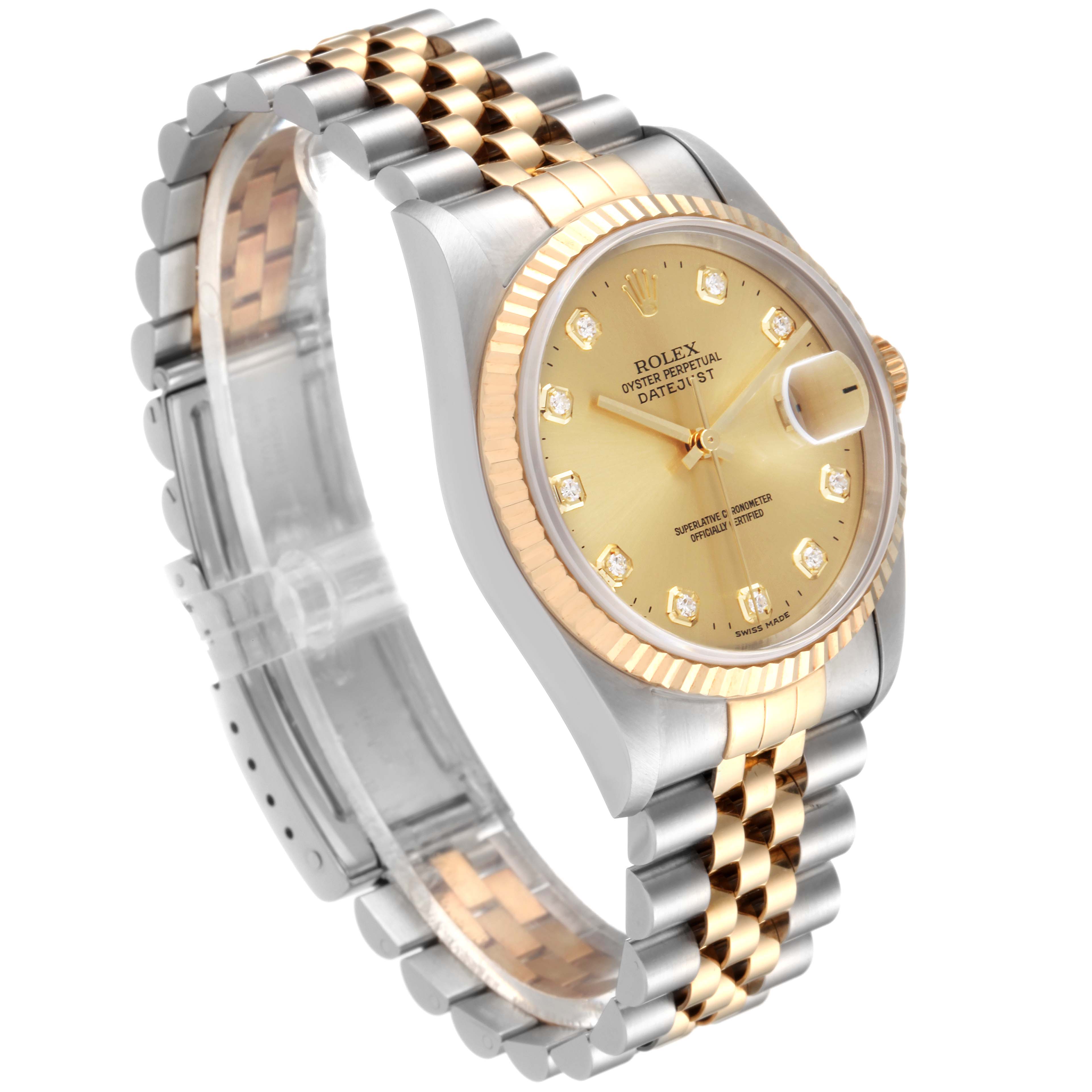 The image shows a Rolex Datejust 16233 Men's Steel and Gold (two tone) Champagne Dial 16233 Men's Steel and Gold (two tone) Champagne Dial watch at a three-quarter angle, highlighting the dial, bezel, bracelet, and crown.