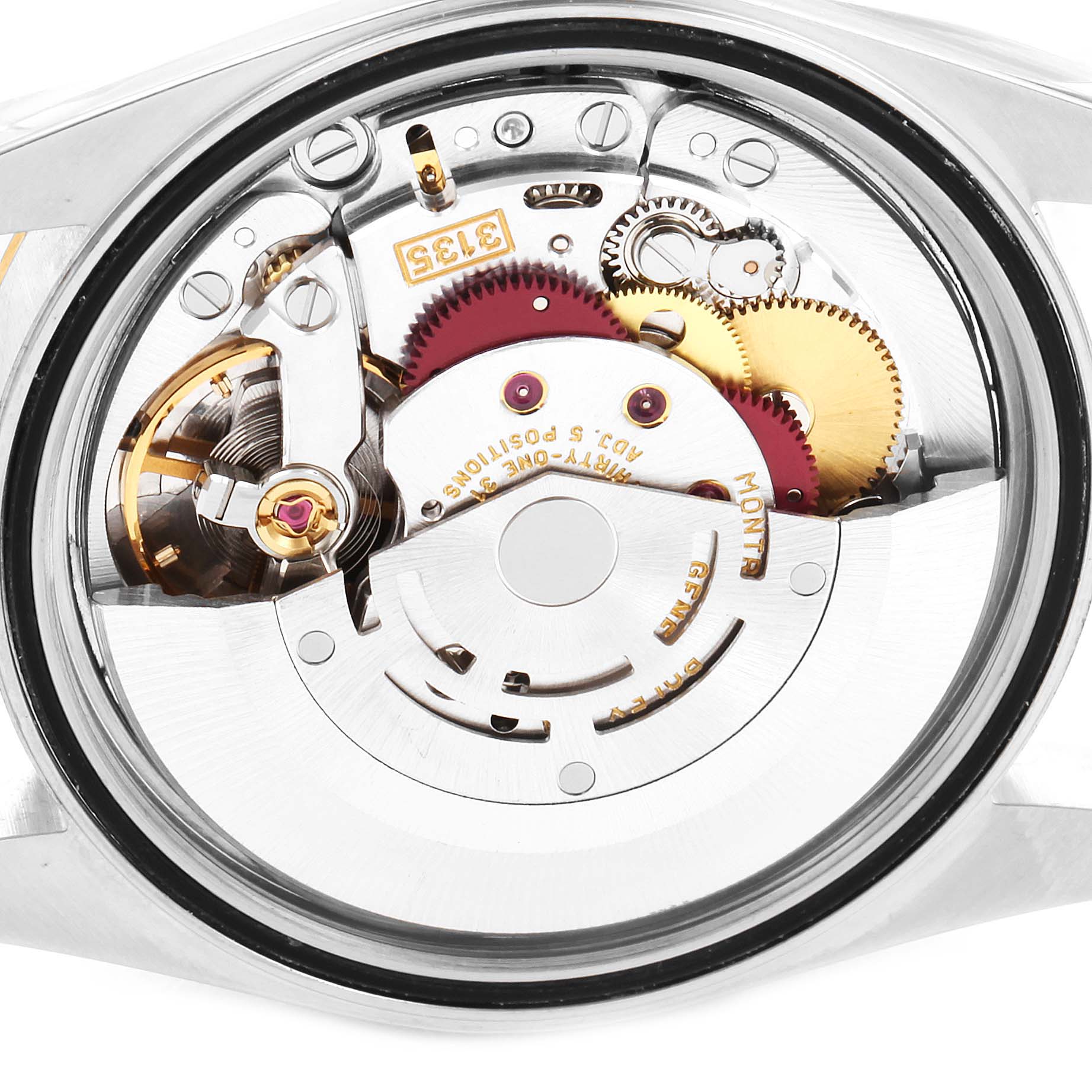 This image shows the movement and internal mechanism of the Rolex Datejust 16233 Men's Steel and Gold (two tone) Champagne Dial 16233 Men's Steel and Gold (two tone) Champagne Dial model watch viewed from the back.