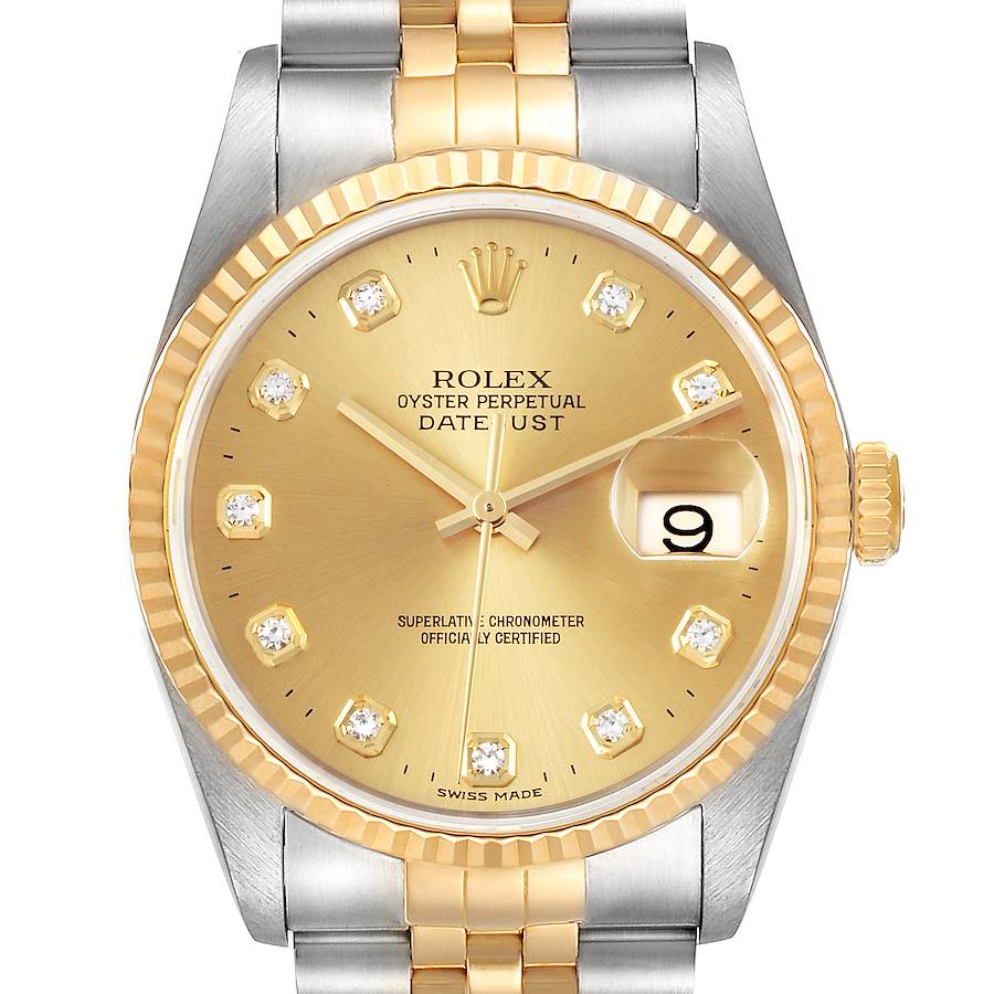 Rolex Datejust Steel Yellow Gold Champagne Diamond Dial Watch 16233 Box Papers SwissWatchExpo