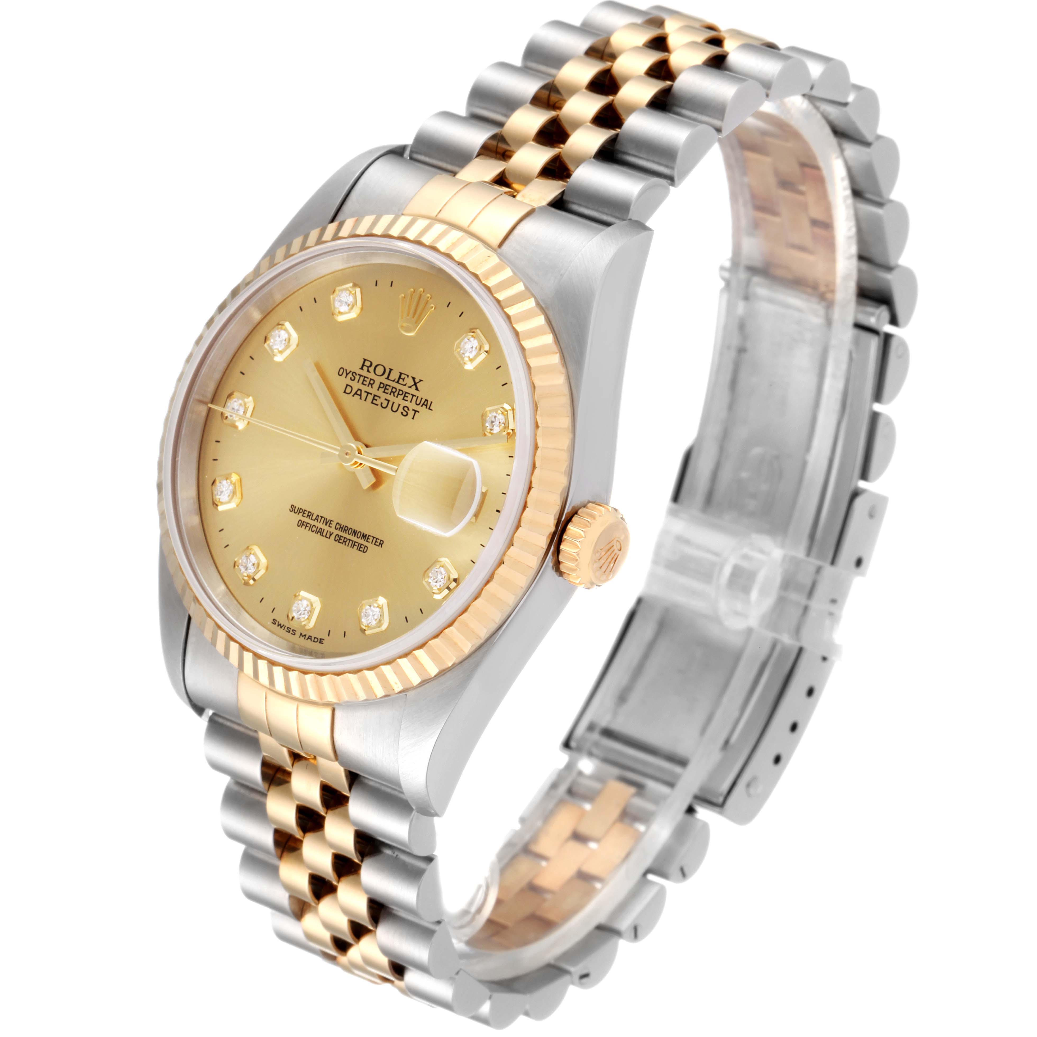 The image shows a Rolex Datejust 16233 Men's Steel and Gold (two tone) Champagne Dial 16233 Men's Steel and Gold (two tone) Champagne Dial watch in a three-quarter angle, highlighting the face, bezel, crown, and bracelet.